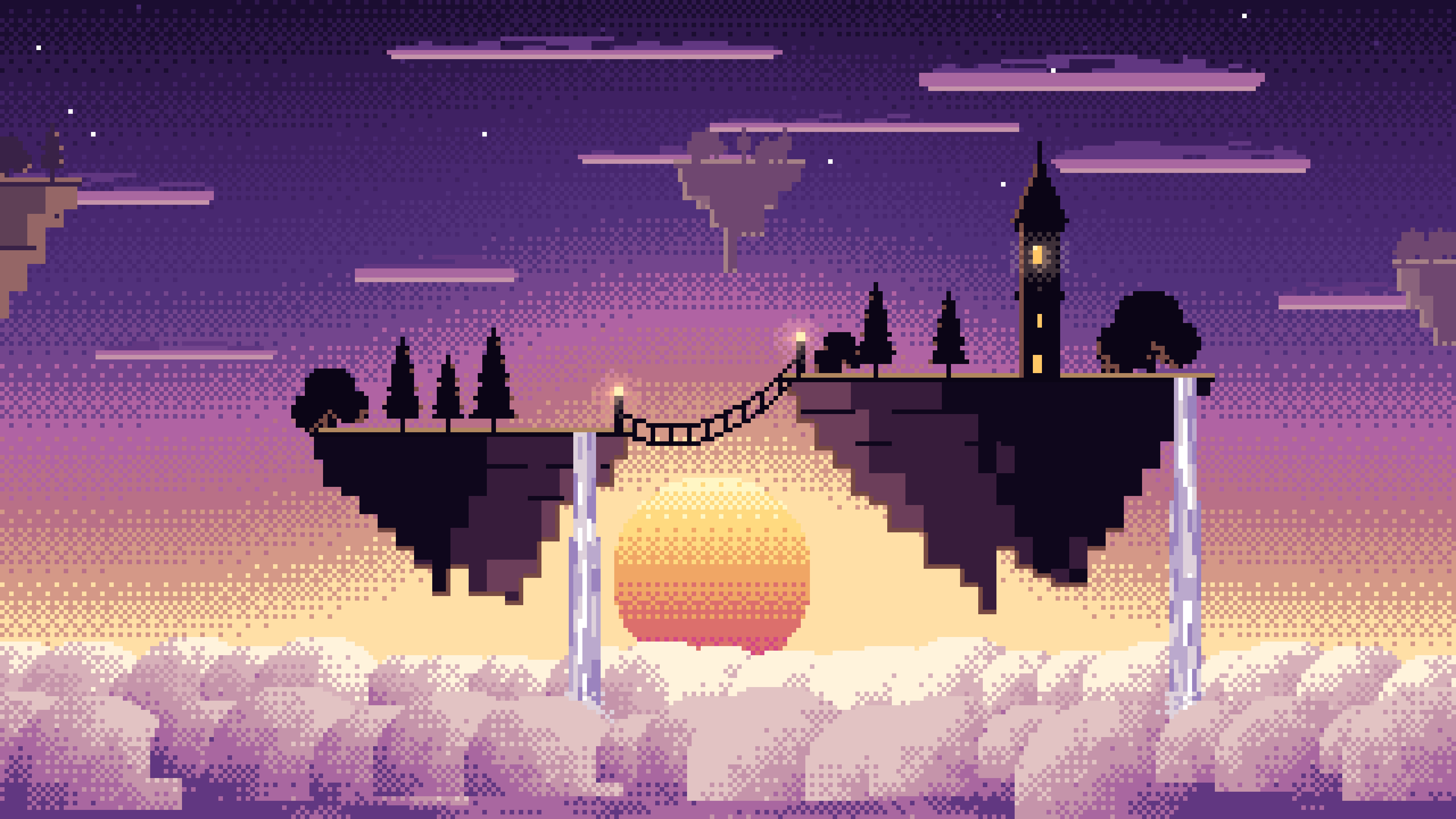 Dark Purple Pixel Art Fantasy Floating Islands at Sunset desktop wallpaper in 4K