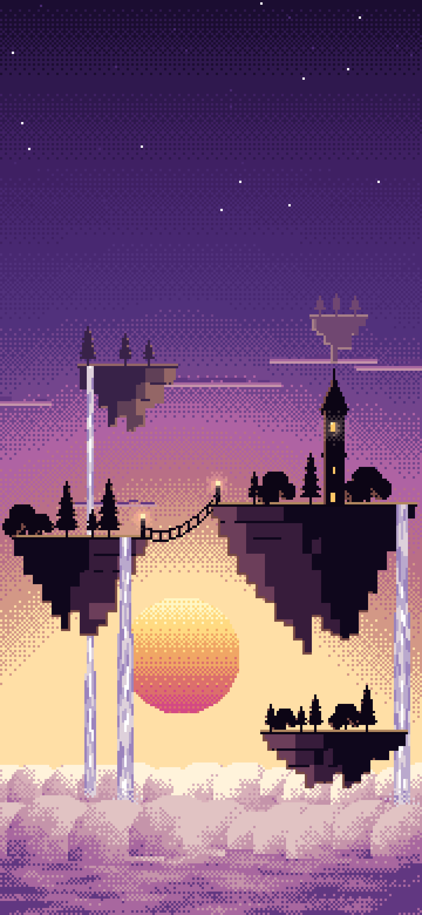 Dark Purple Pixel Art Fantasy Floating Islands at Sunset wallpaper for iPhone and Android
