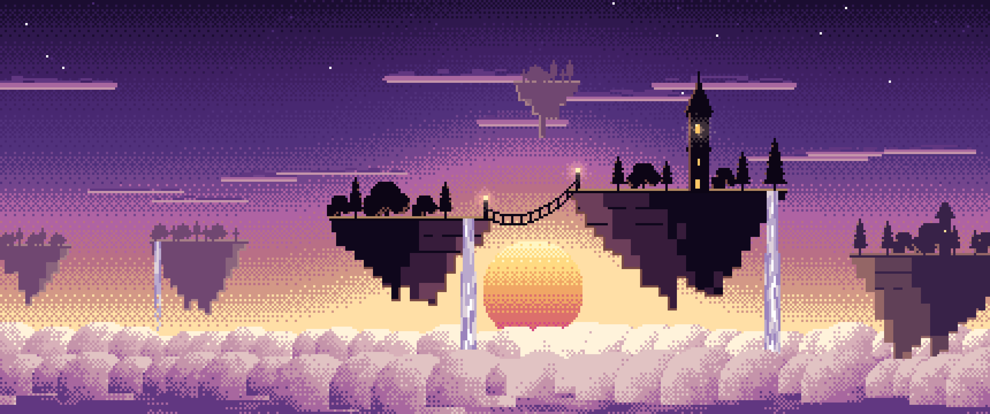 Dark Purple Pixel Art Fantasy Floating Islands at Sunset ultrawide wallpaper, 3440 × 1440