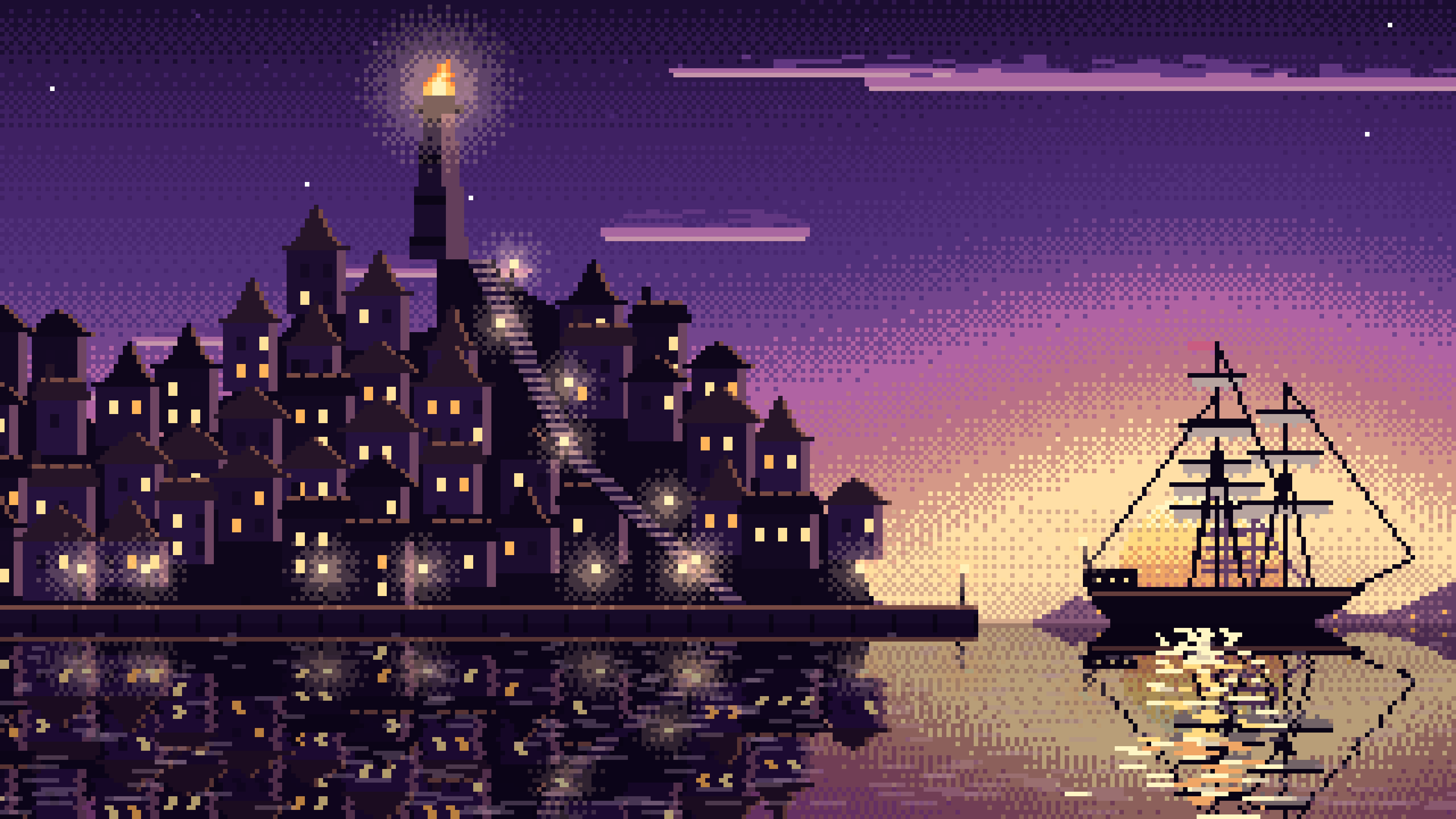 Dark Purple Pixel Art Fantasy Harbor Town at Dusk desktop wallpaper in 4K