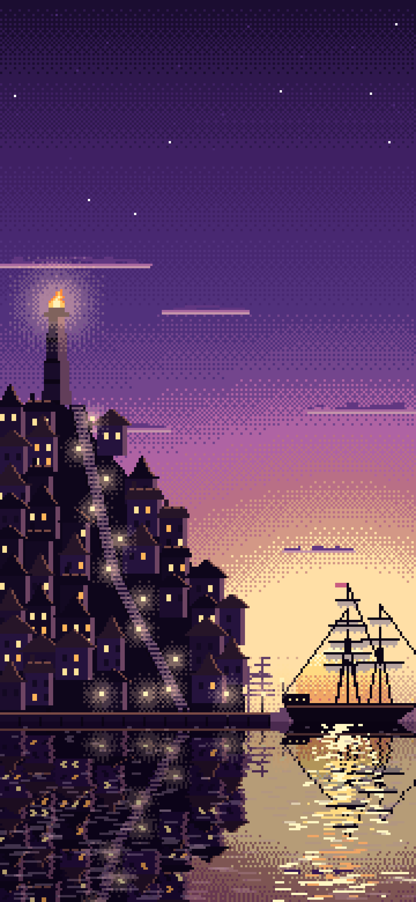 Dark Purple Pixel Art Fantasy Harbor Town at Dusk wallpaper for iPhone and Android