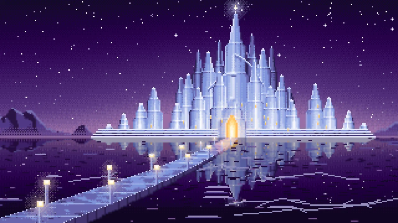 Dark Purple Pixel Art Fantasy Ice Palace desktop wallpaper in 4K