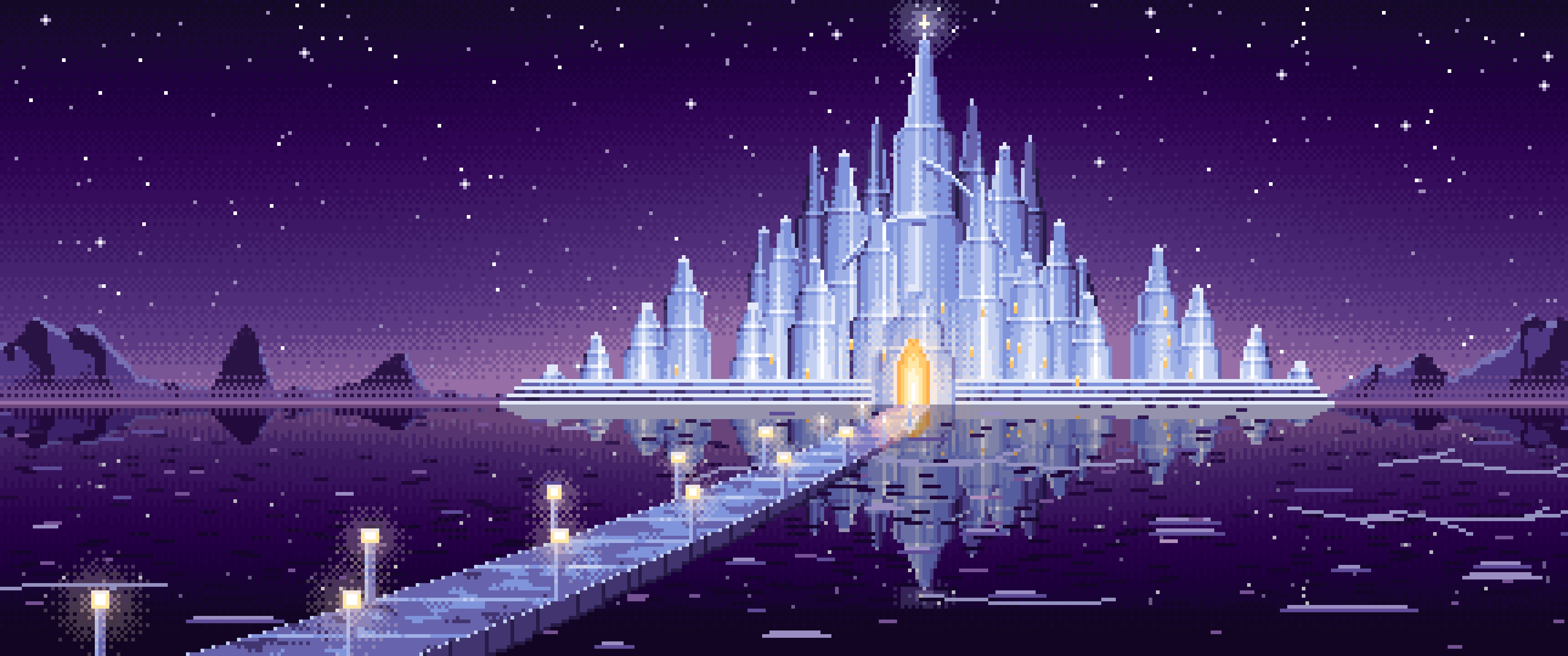 Dark Purple Pixel Art Fantasy Ice Palace ultrawide wallpaper, 3440 × 1440
