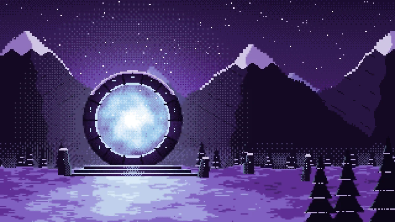 Dark Purple Pixel Art Fantasy Portal in a Snowy Pass desktop wallpaper in 4K