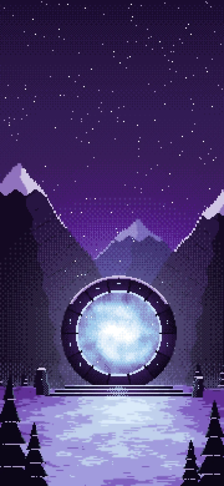 Dark Purple Pixel Art Fantasy Portal in a Snowy Pass wallpaper for iPhone and Android