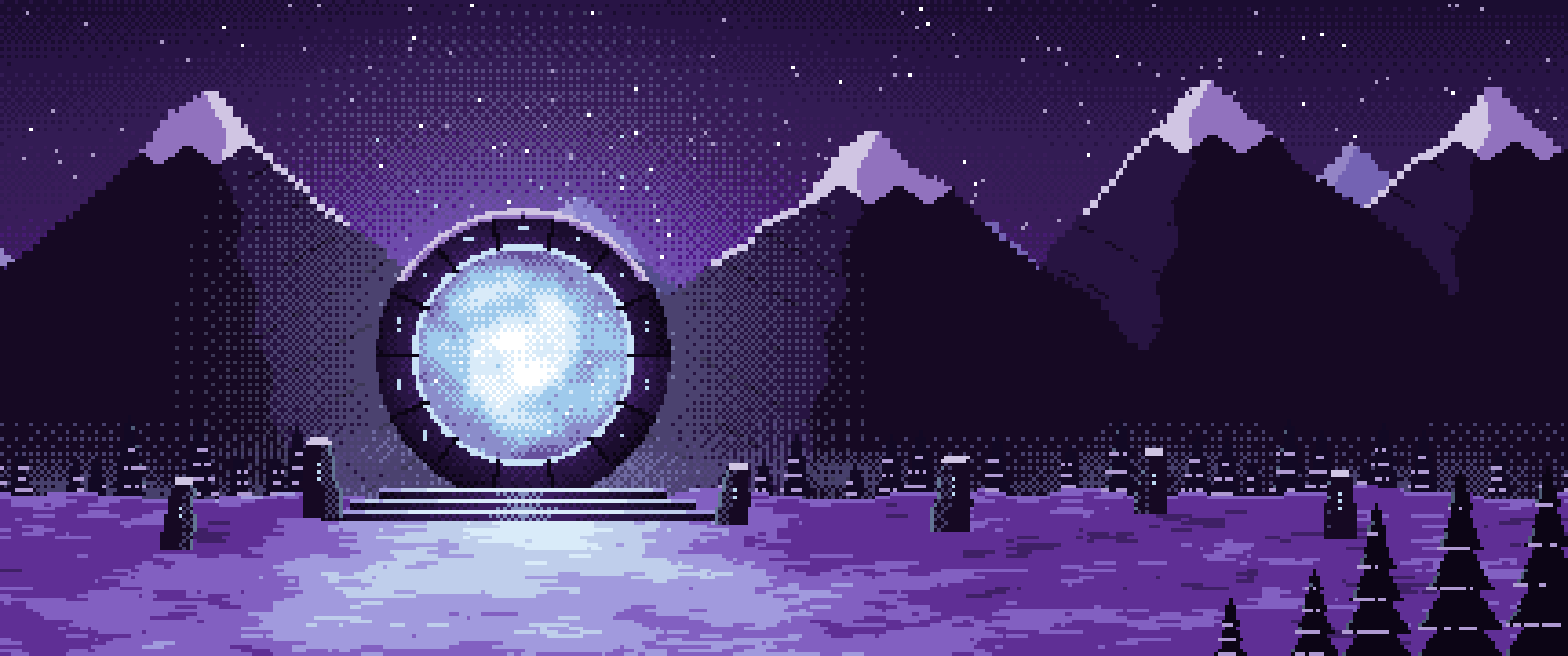 Dark Purple Pixel Art Fantasy Portal in a Snowy Pass ultrawide wallpaper, 3440 × 1440