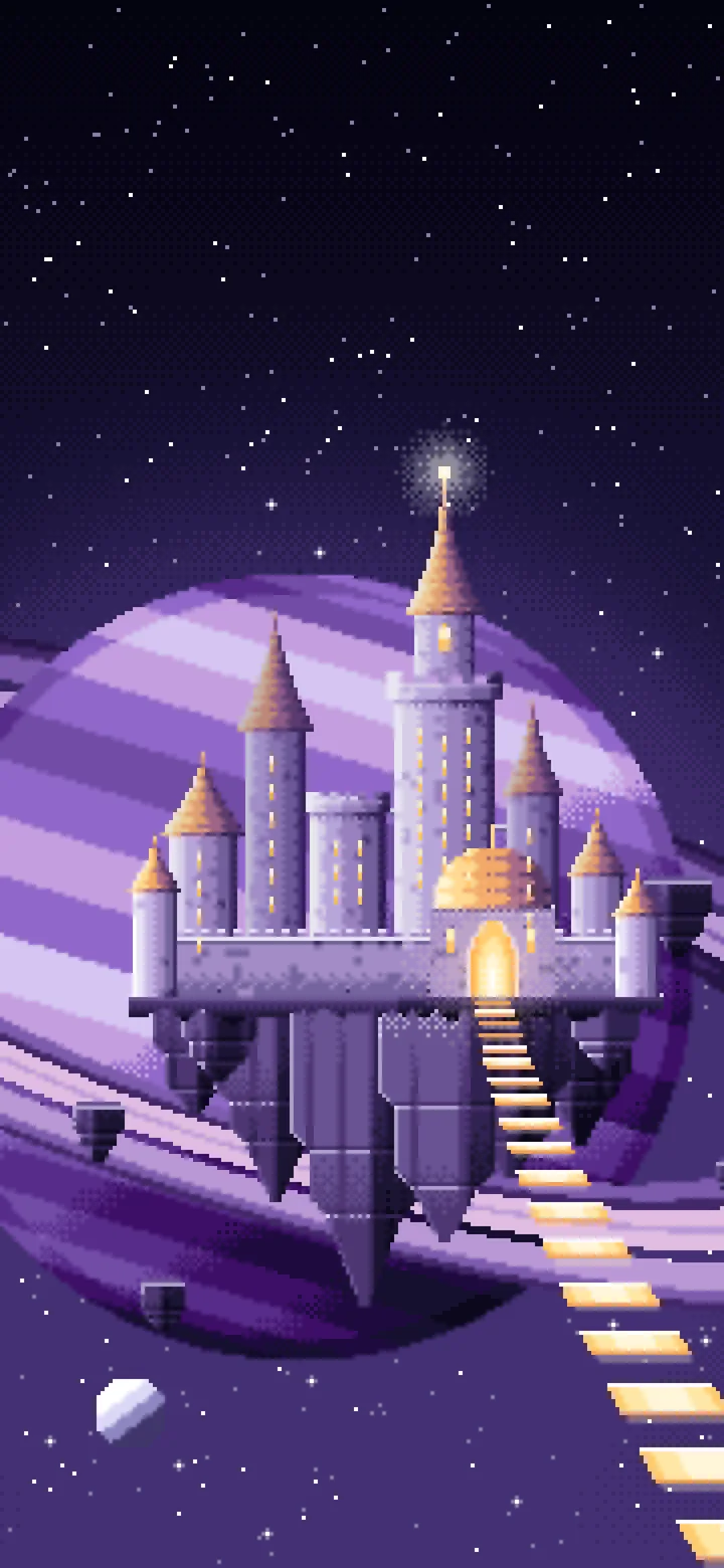 Dark Purple Pixel Art Fantasy Space Castle and Planet wallpaper for iPhone and Android
