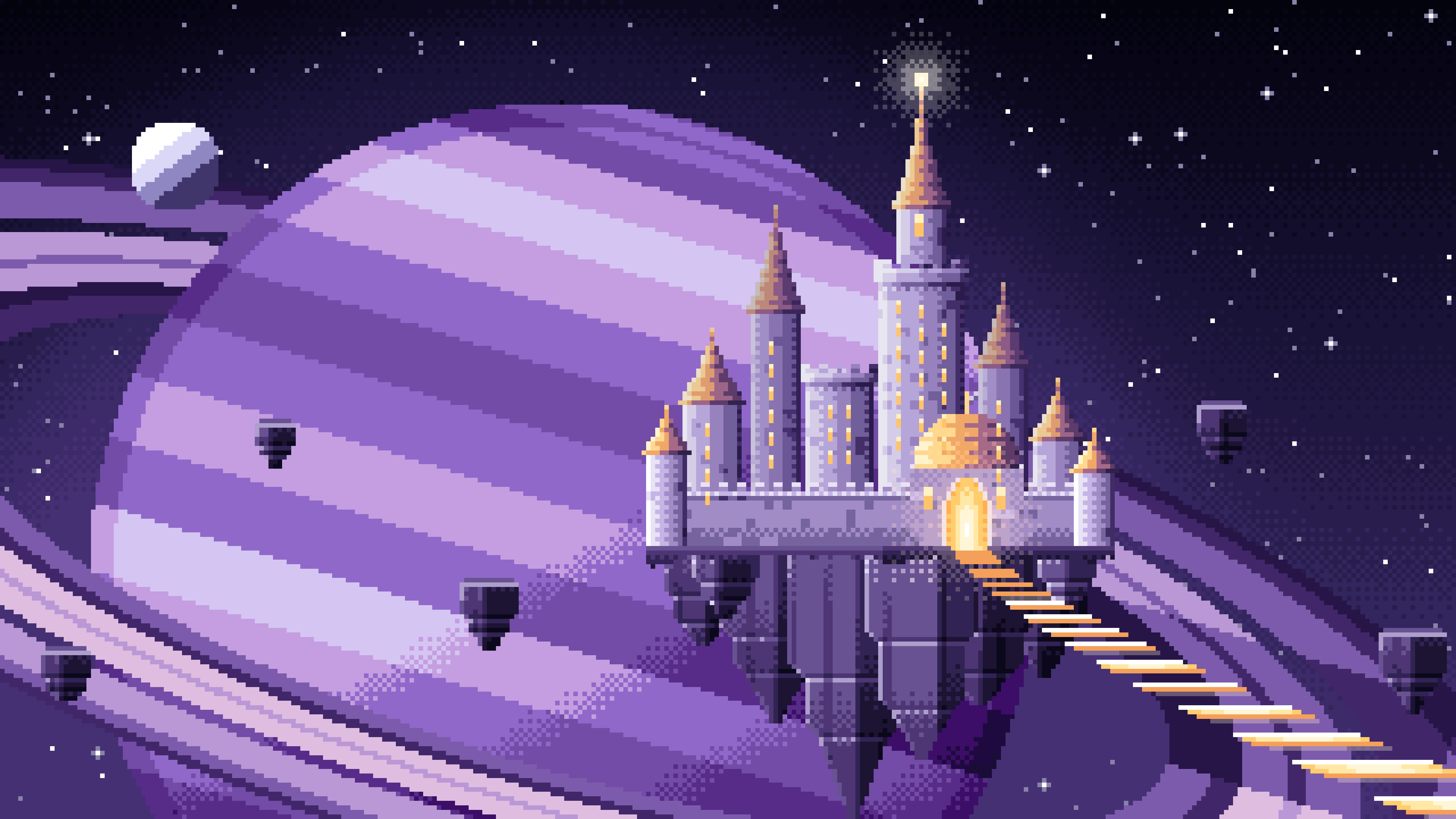 Dark Purple Pixel Art Fantasy Space Castle and Planet desktop wallpaper in 4K