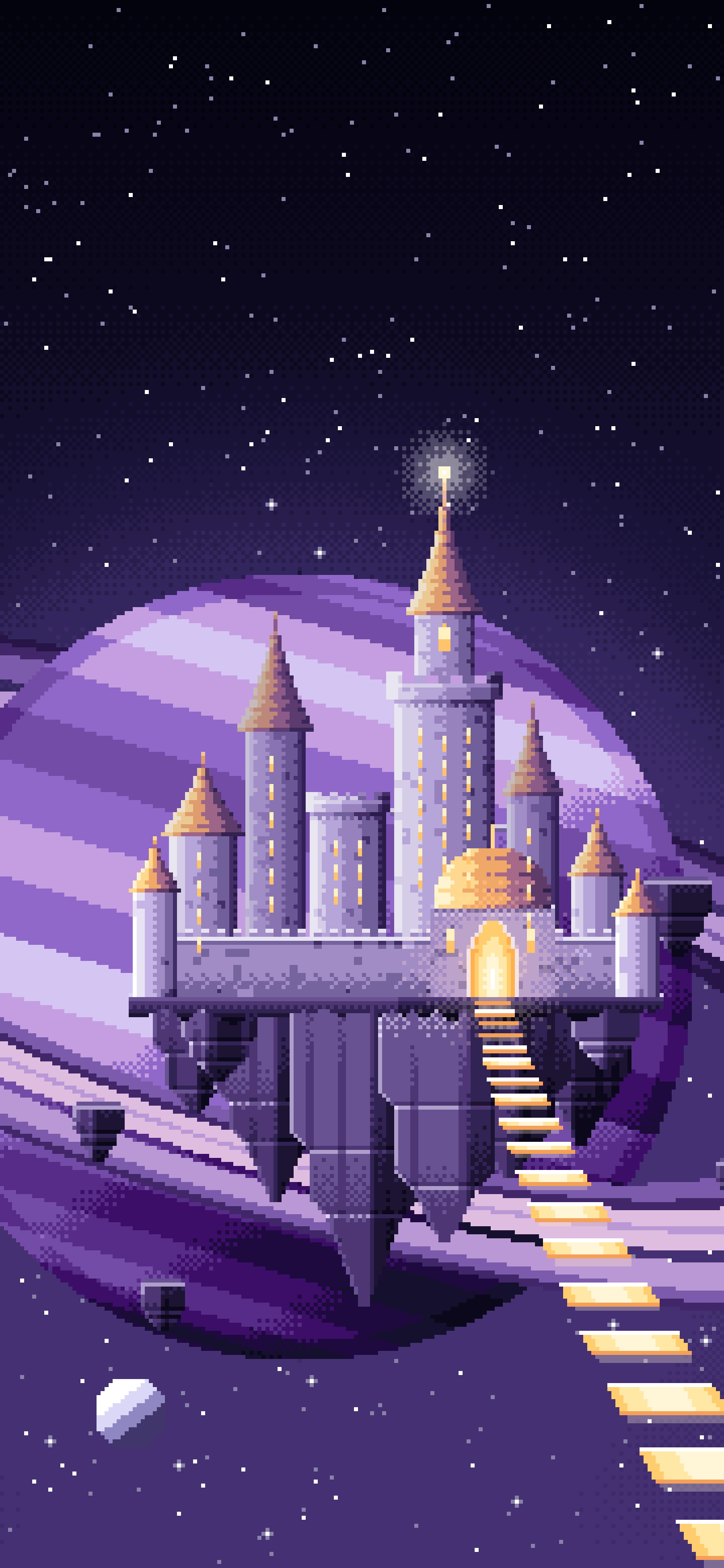 Dark Purple Pixel Art Fantasy Space Castle and Planet wallpaper for iPhone and Android