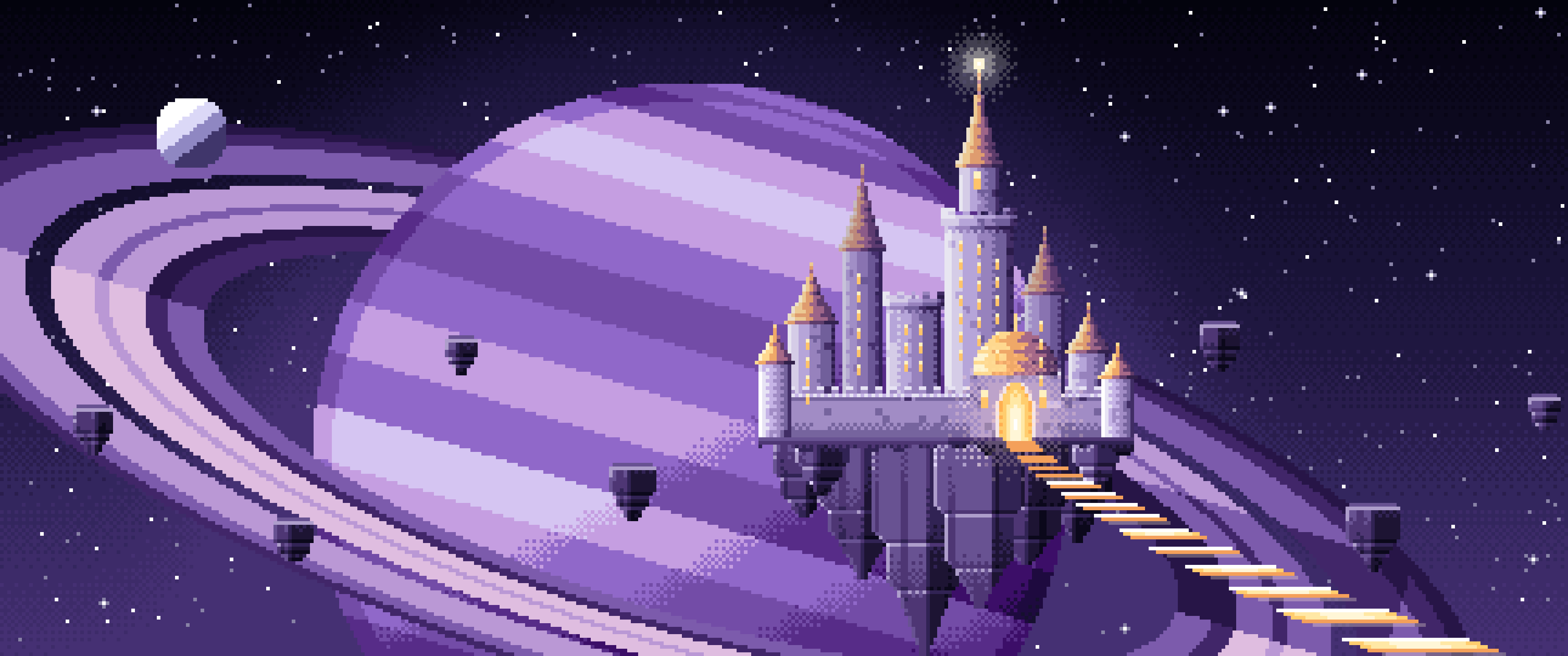 Dark Purple Pixel Art Fantasy Space Castle and Planet ultrawide wallpaper, 3440 × 1440