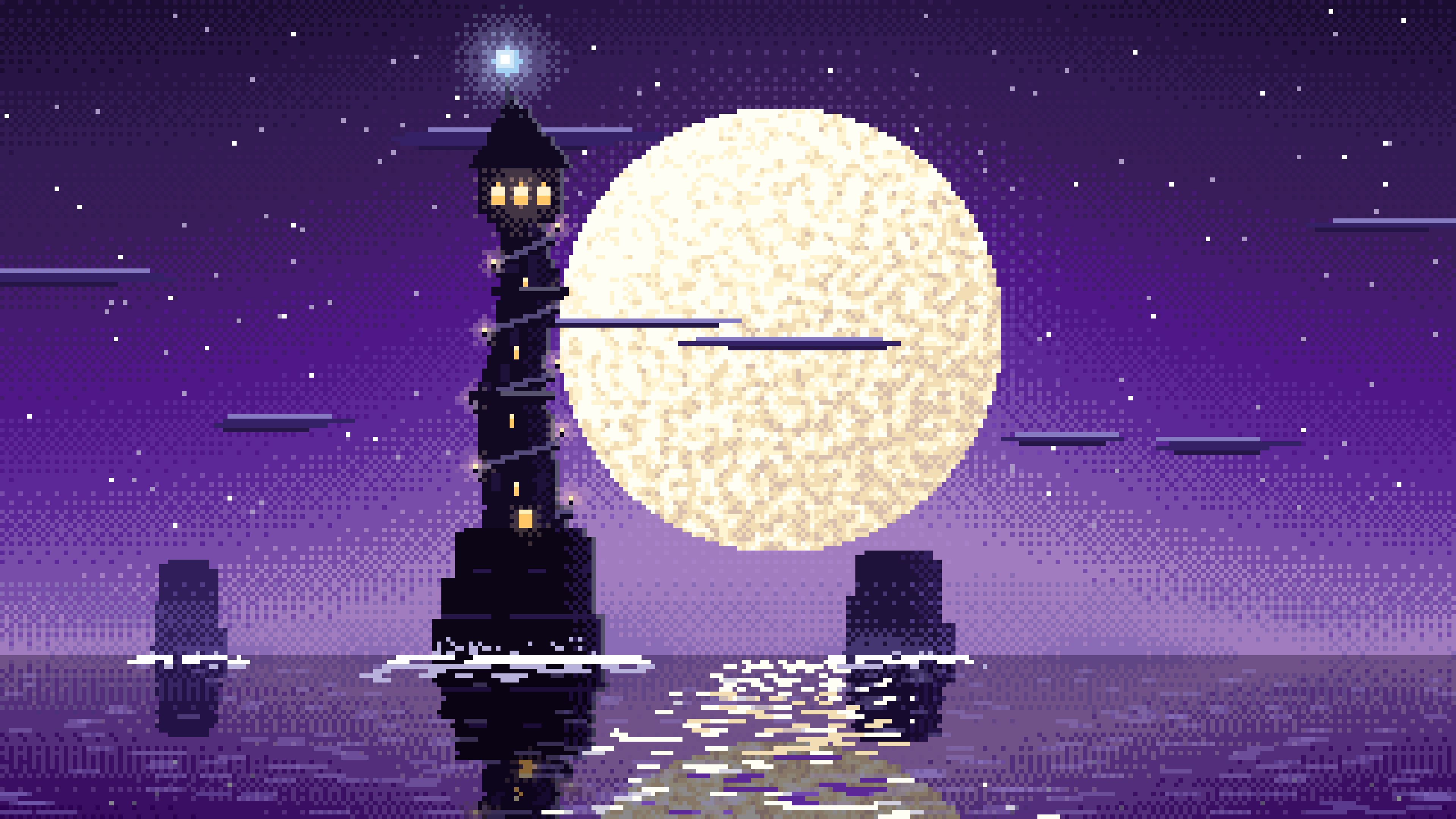 Dark Purple Pixel Art Fantasy Wizard Tower at Night desktop wallpaper in 4K