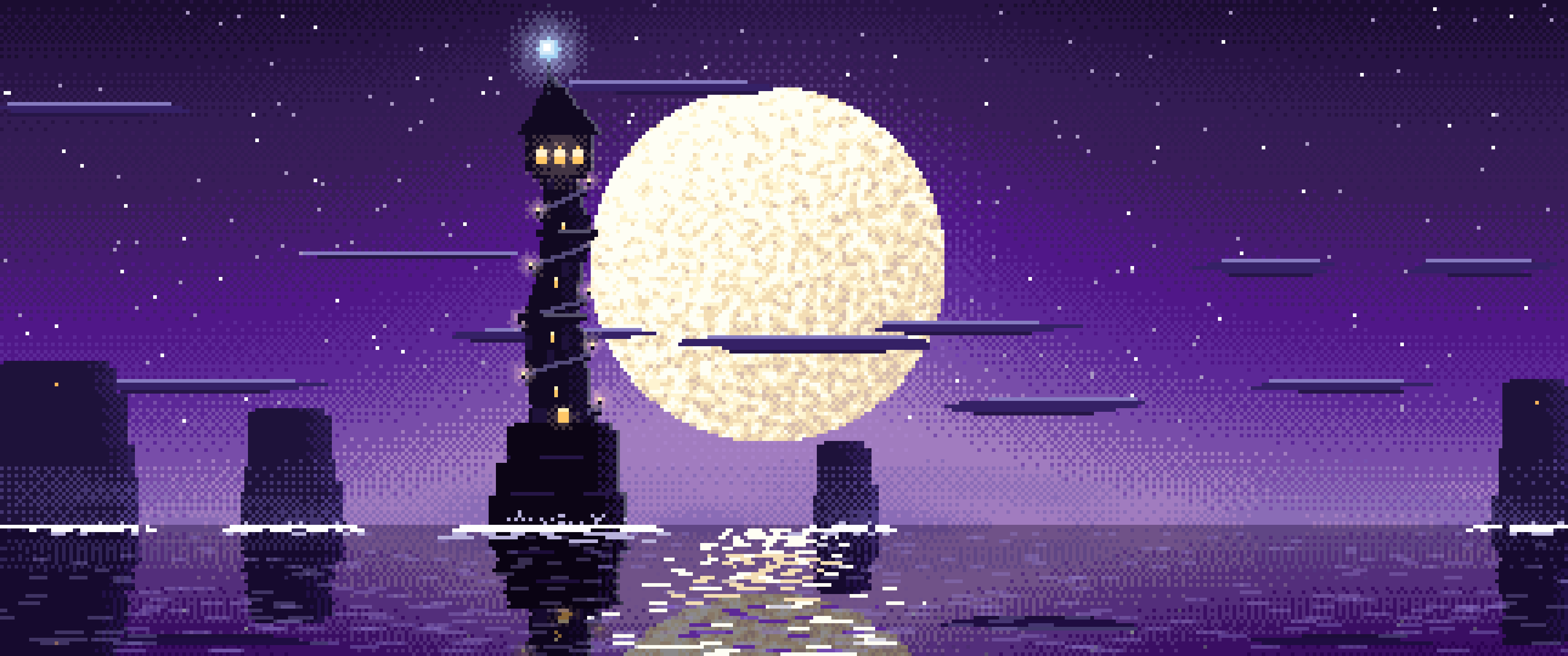 Dark Purple Pixel Art Fantasy Wizard Tower at Night ultrawide wallpaper, 3440 × 1440