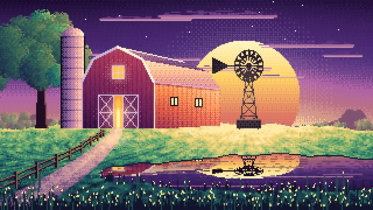 Dark Purple Pixel Art Farm and Windmill at Sunset desktop wallpaper in 4K