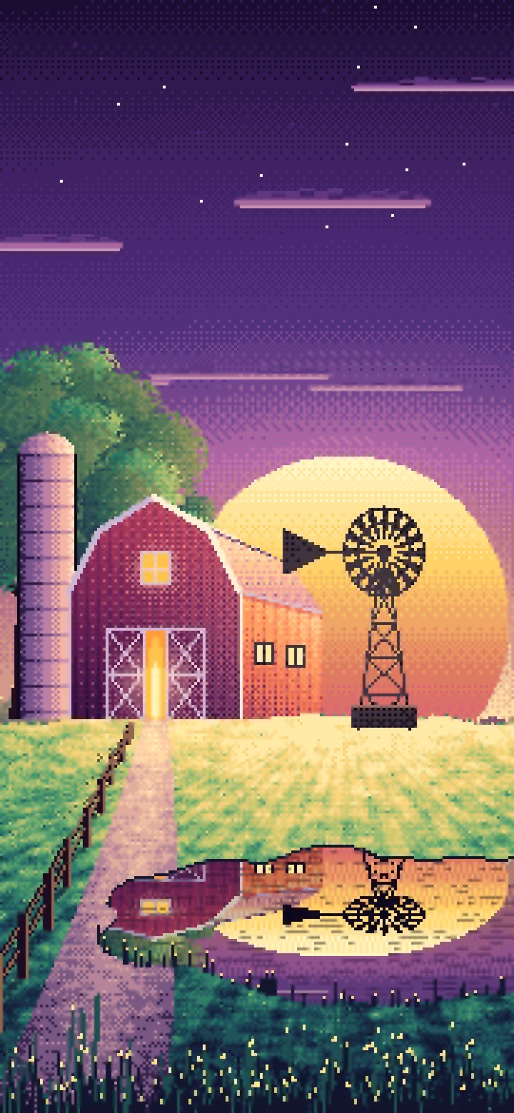 Dark Purple Pixel Art Farm and Windmill at Sunset wallpaper for iPhone and Android