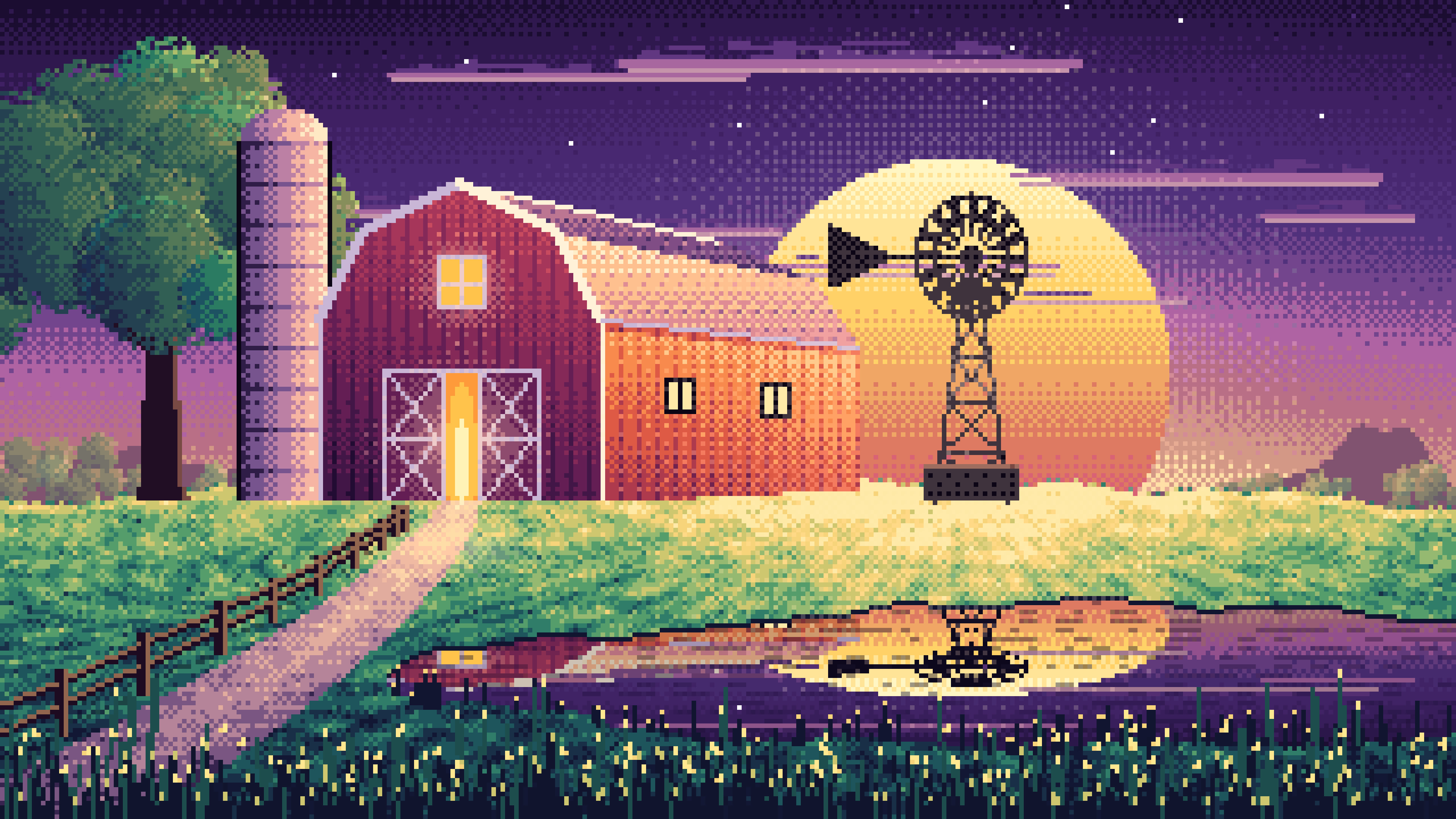 Dark Purple Pixel Art Farm and Windmill at Sunset desktop wallpaper in 4K