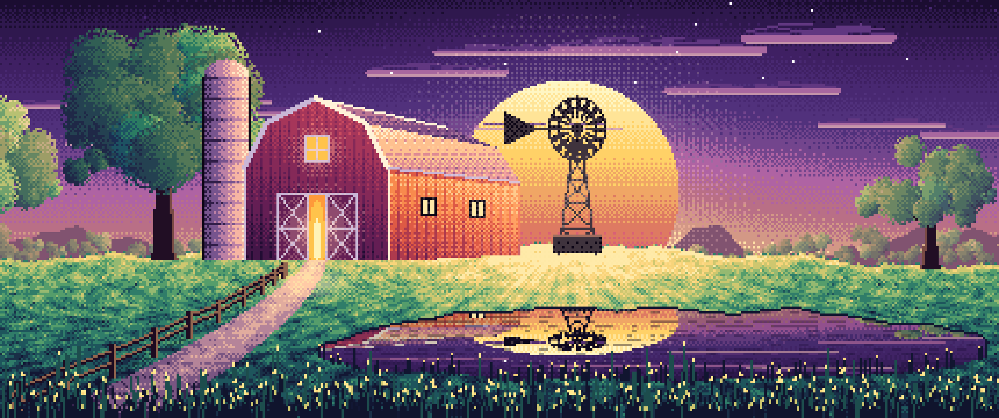 Dark Purple Pixel Art Farm and Windmill at Sunset ultrawide wallpaper, 3440 × 1440