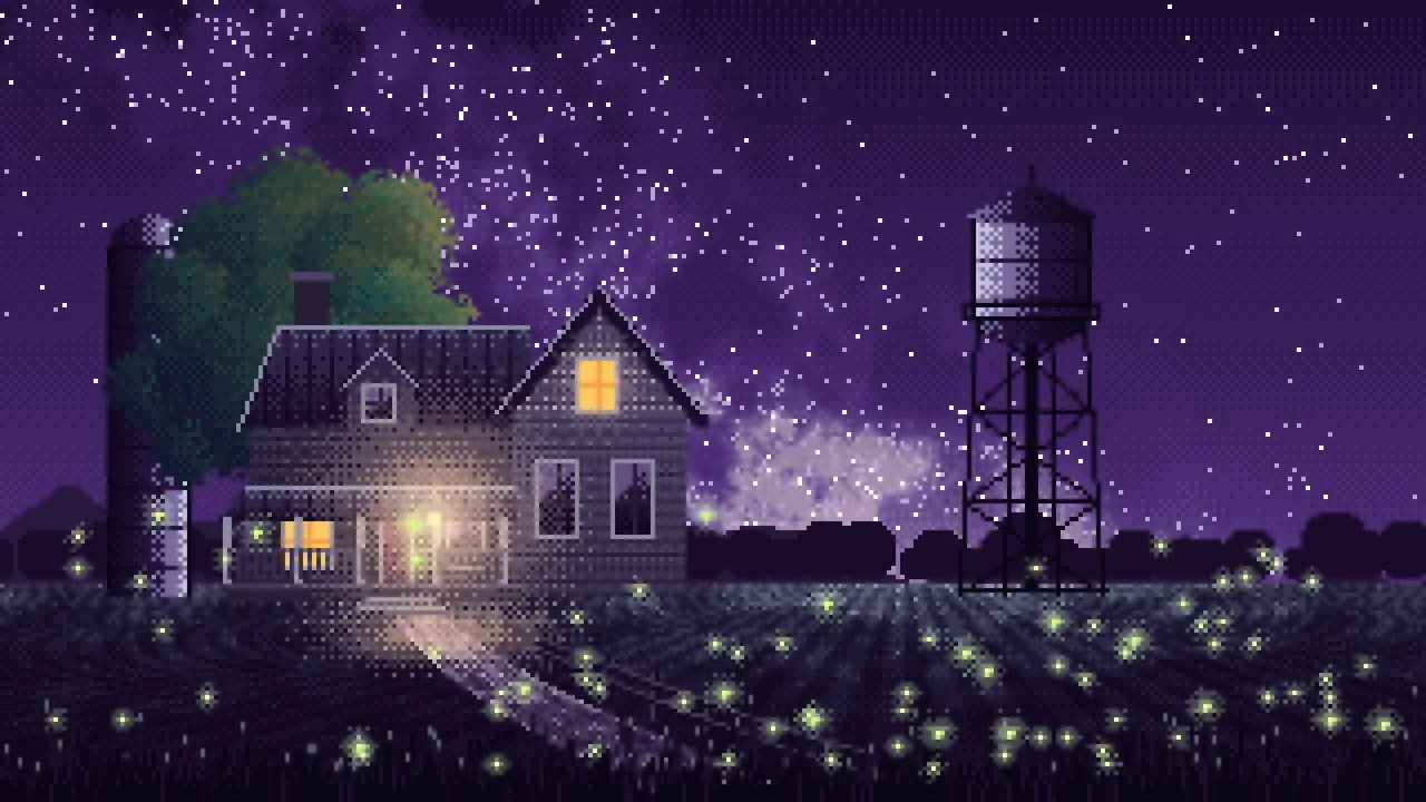 Dark Purple Pixel Art Farmhouse Under the Stars desktop wallpaper in 4K