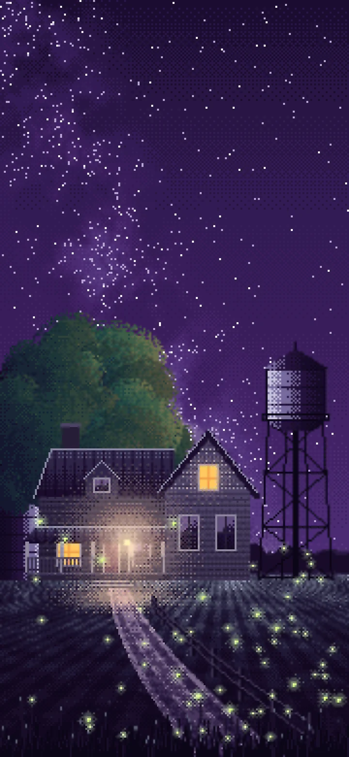 Dark Purple Pixel Art Farmhouse Under the Stars wallpaper for iPhone and Android