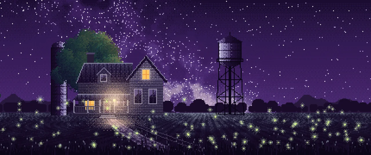 Dark Purple Pixel Art Farmhouse Under the Stars ultrawide wallpaper, 3440 × 1440