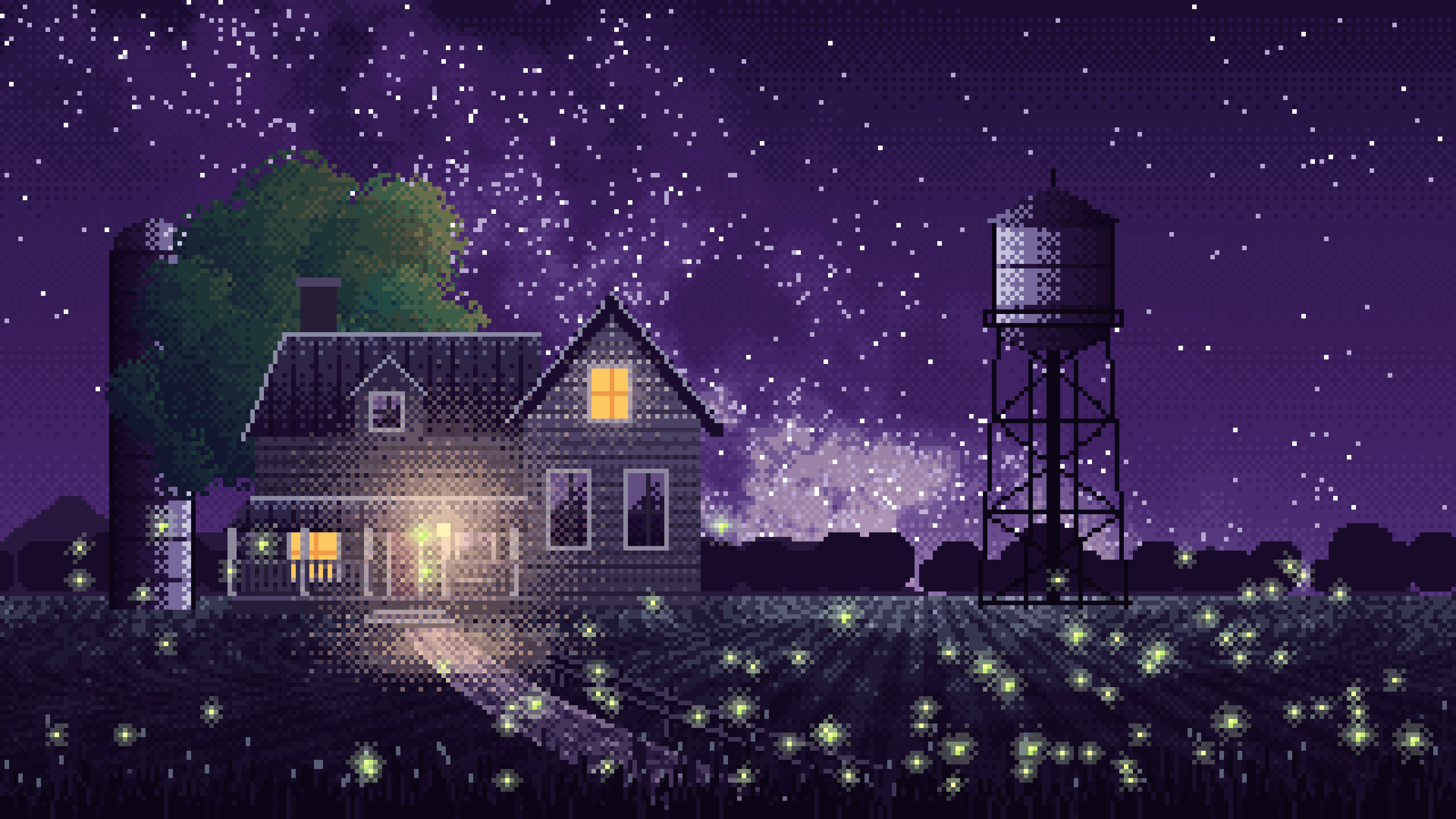 Dark Purple Pixel Art Farmhouse Under the Stars desktop wallpaper in 4K