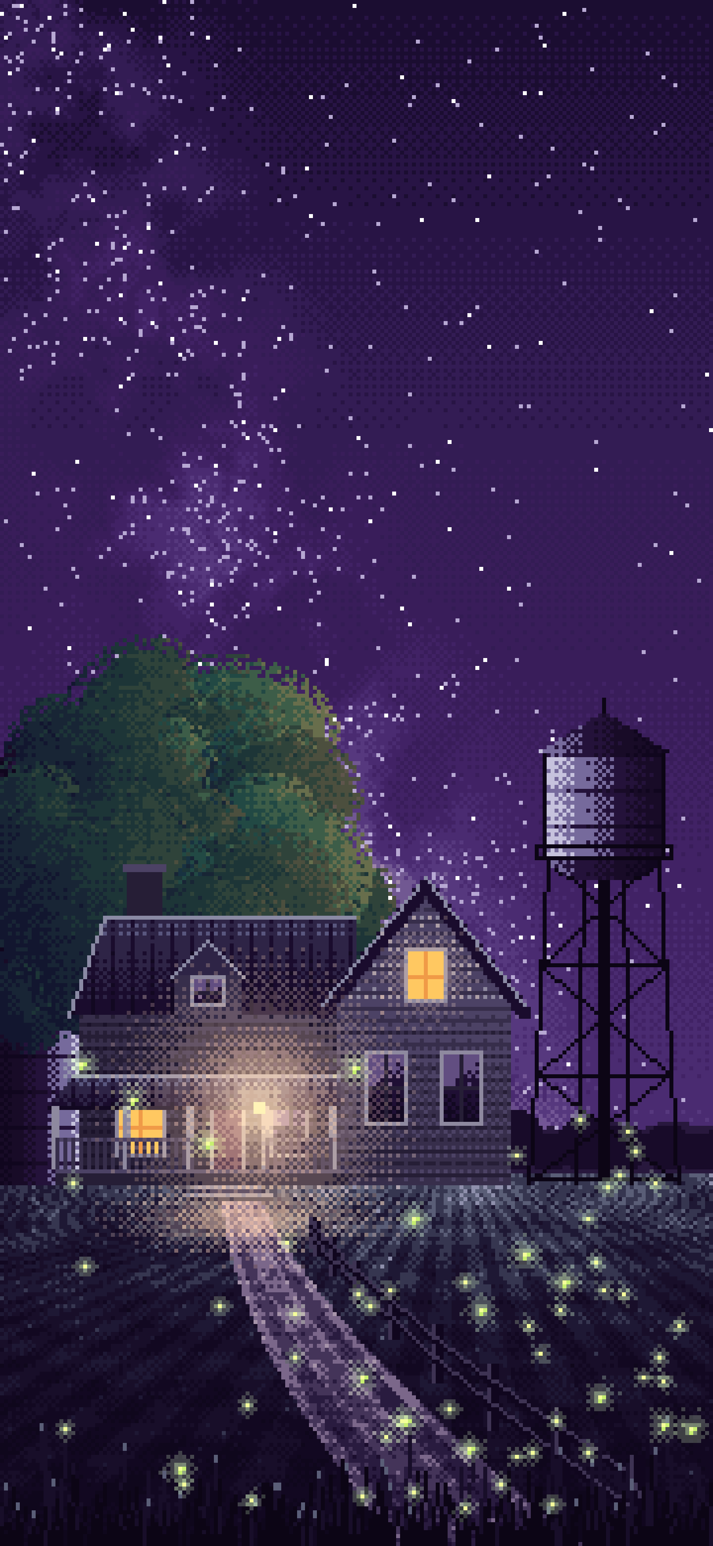 Dark Purple Pixel Art Farmhouse Under the Stars wallpaper for iPhone and Android