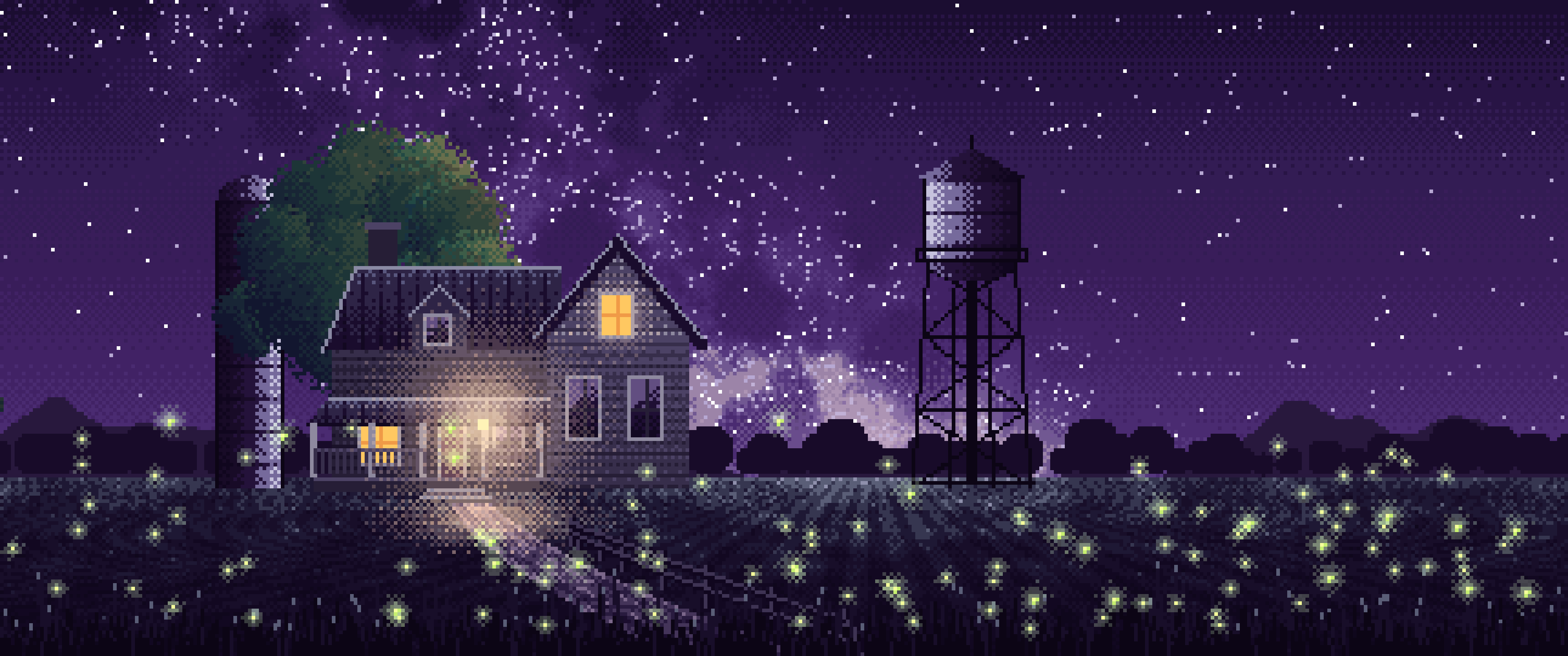 Dark Purple Pixel Art Farmhouse Under the Stars ultrawide wallpaper, 3440 × 1440
