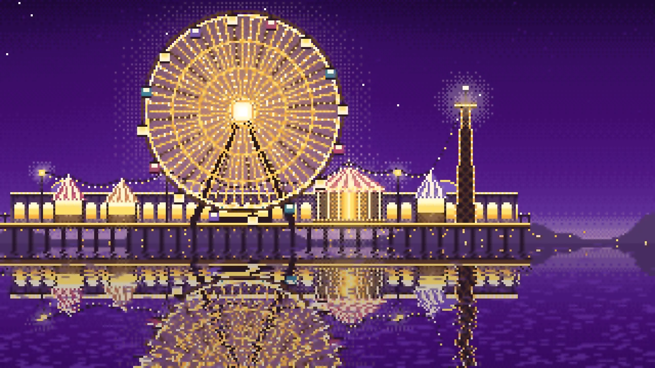 Dark Purple Pixel Art Ferris Wheel Lights at Night desktop wallpaper in 4K