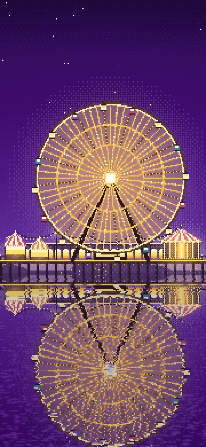 Dark Purple Pixel Art Ferris Wheel Lights at Night wallpaper for iPhone and Android