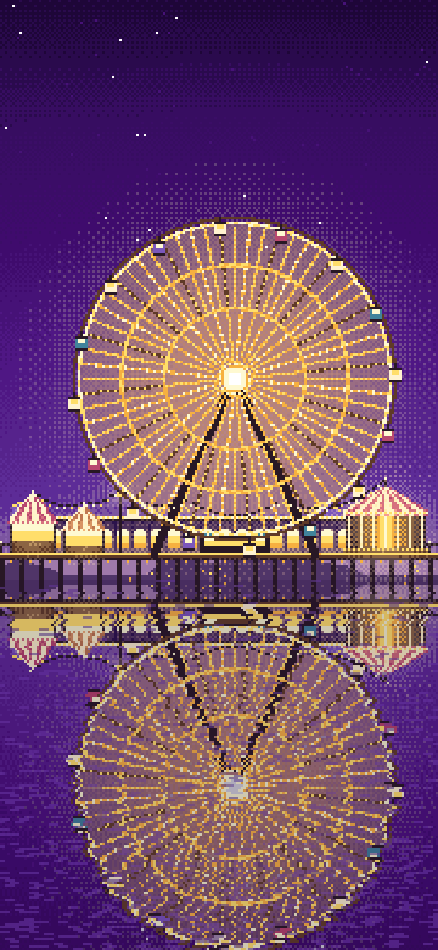 Dark Purple Pixel Art Ferris Wheel Lights at Night wallpaper for iPhone and Android