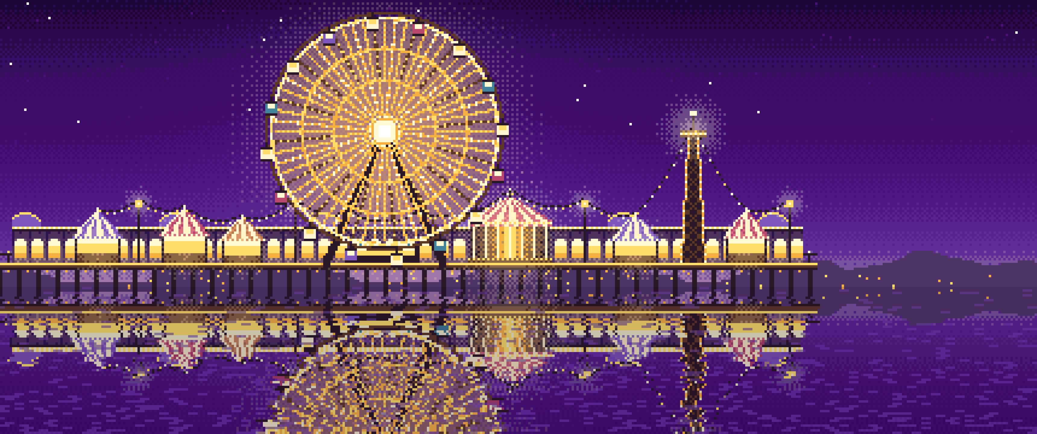 Dark Purple Pixel Art Ferris Wheel Lights at Night ultrawide wallpaper, 3440 × 1440