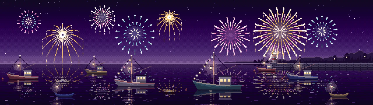 Dark Purple Pixel Art Fireworks Over a Fishing Harbor dual monitor wallpaper, 7680 × 2160