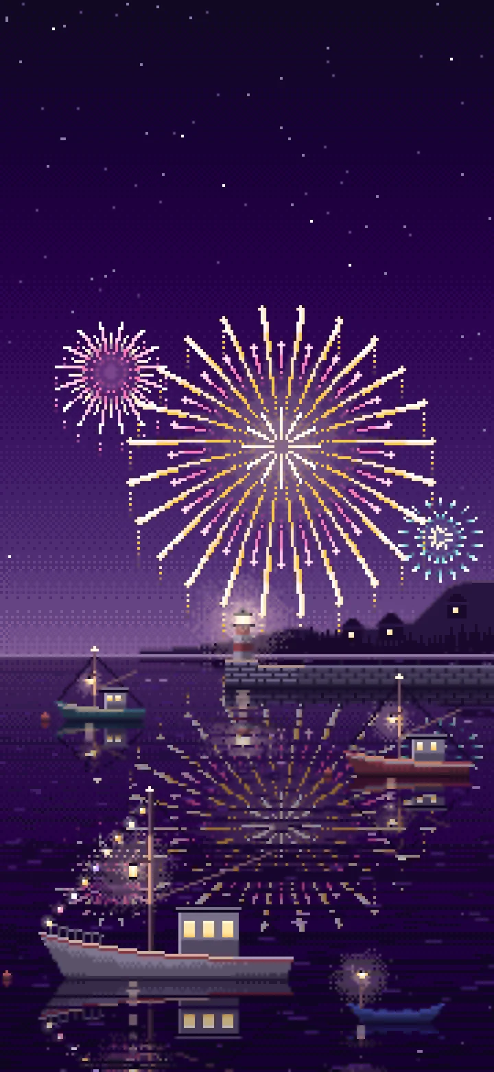 Dark Purple Pixel Art Fireworks Over a Fishing Harbor wallpaper for iPhone and Android