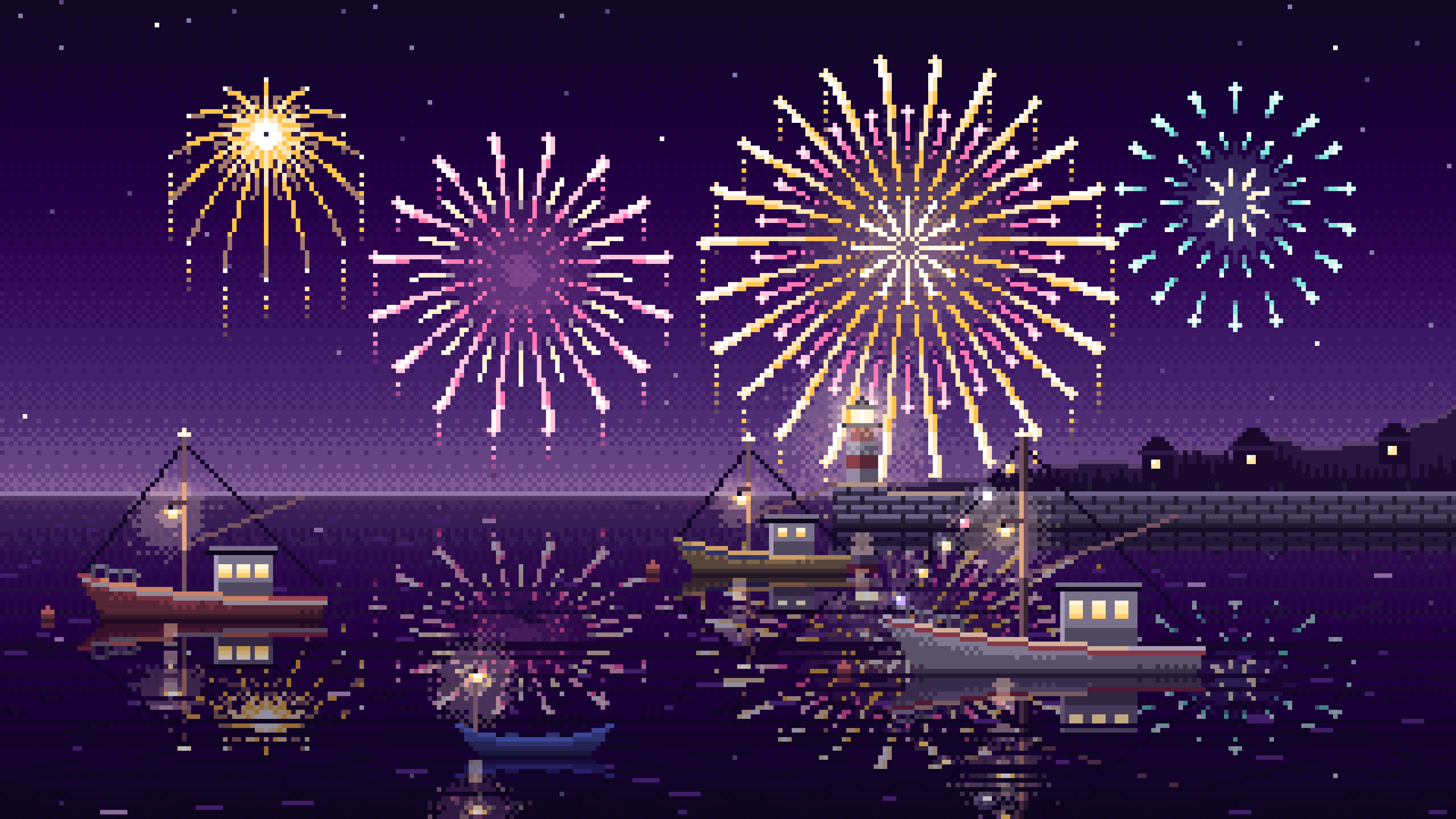 Dark Purple Pixel Art Fireworks Over a Fishing Harbor desktop wallpaper in 4K