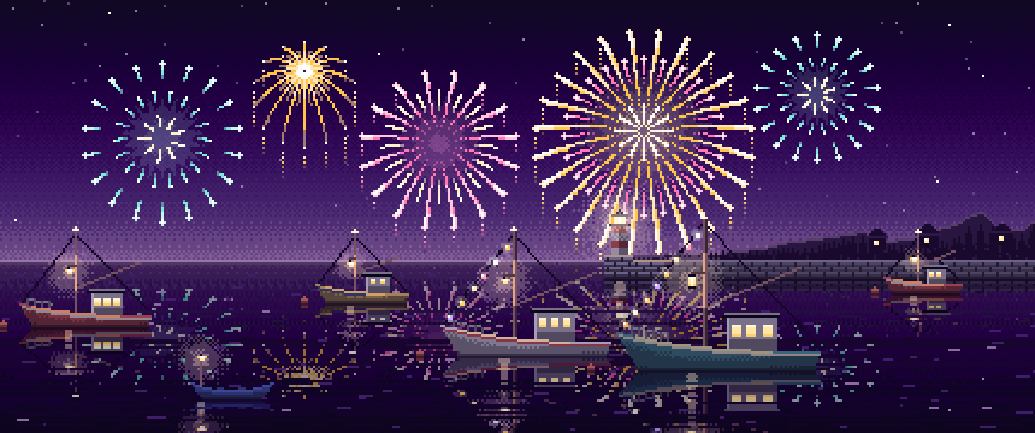 Dark Purple Pixel Art Fireworks Over a Fishing Harbor ultrawide wallpaper, 3440 × 1440
