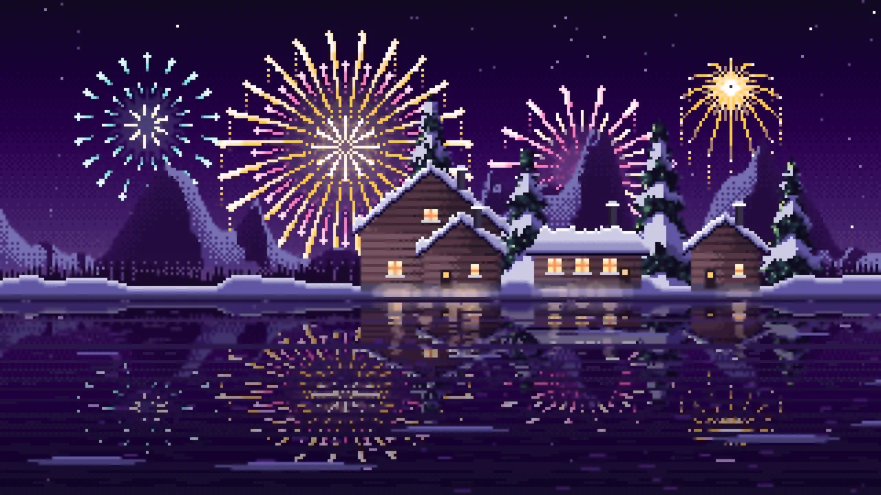 Dark Purple Pixel Art Fireworks Over a Frozen Lake Village desktop wallpaper in 4K