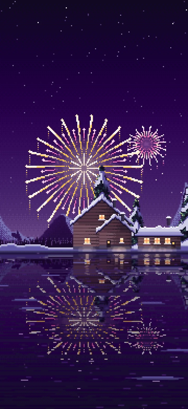 Dark Purple Pixel Art Fireworks Over a Frozen Lake Village wallpaper for iPhone and Android