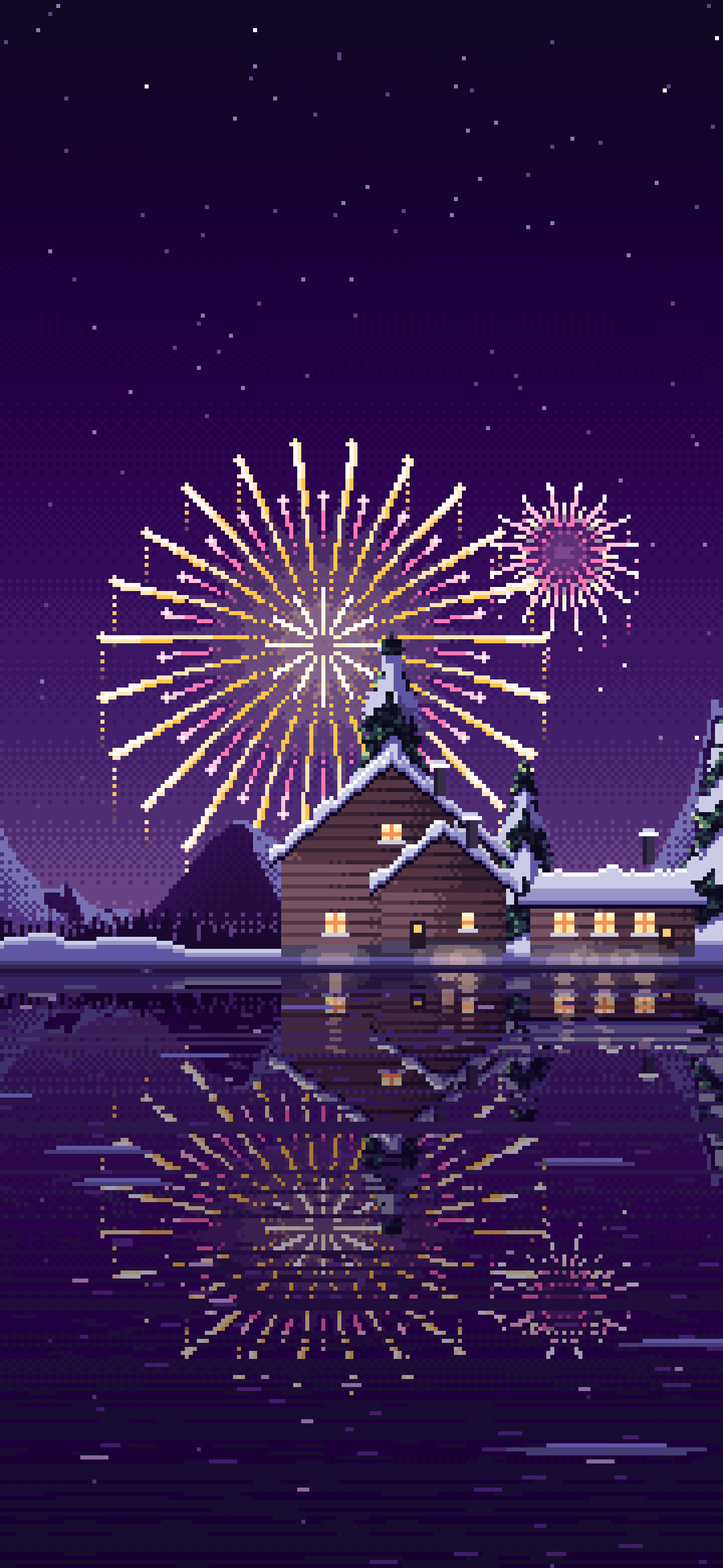 Dark Purple Pixel Art Fireworks Over a Frozen Lake Village wallpaper for iPhone and Android
