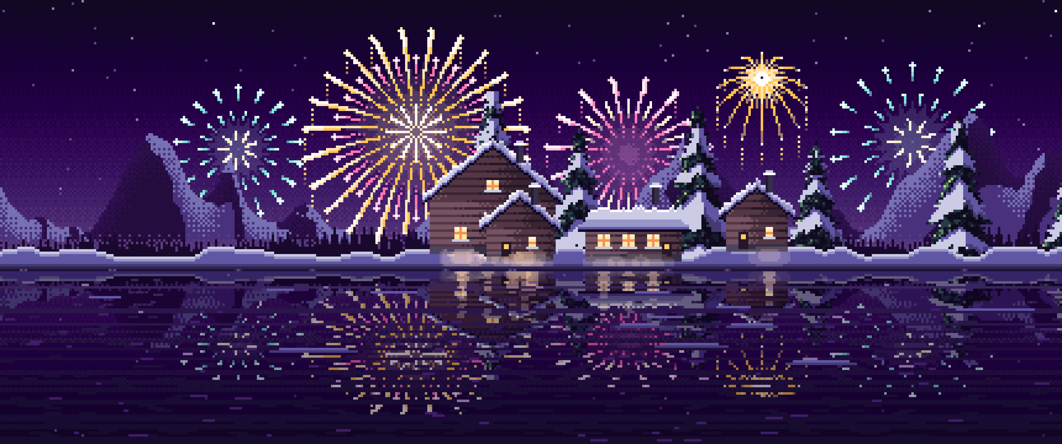 Dark Purple Pixel Art Fireworks Over a Frozen Lake Village ultrawide wallpaper, 3440 × 1440