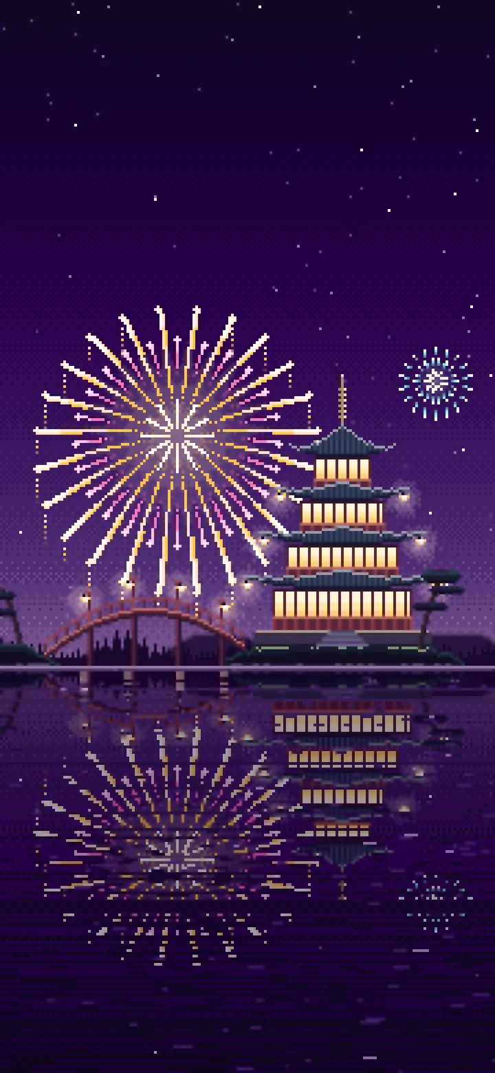 Dark Purple Pixel Art Fireworks Over a Pagoda on a Lake wallpaper for iPhone and Android