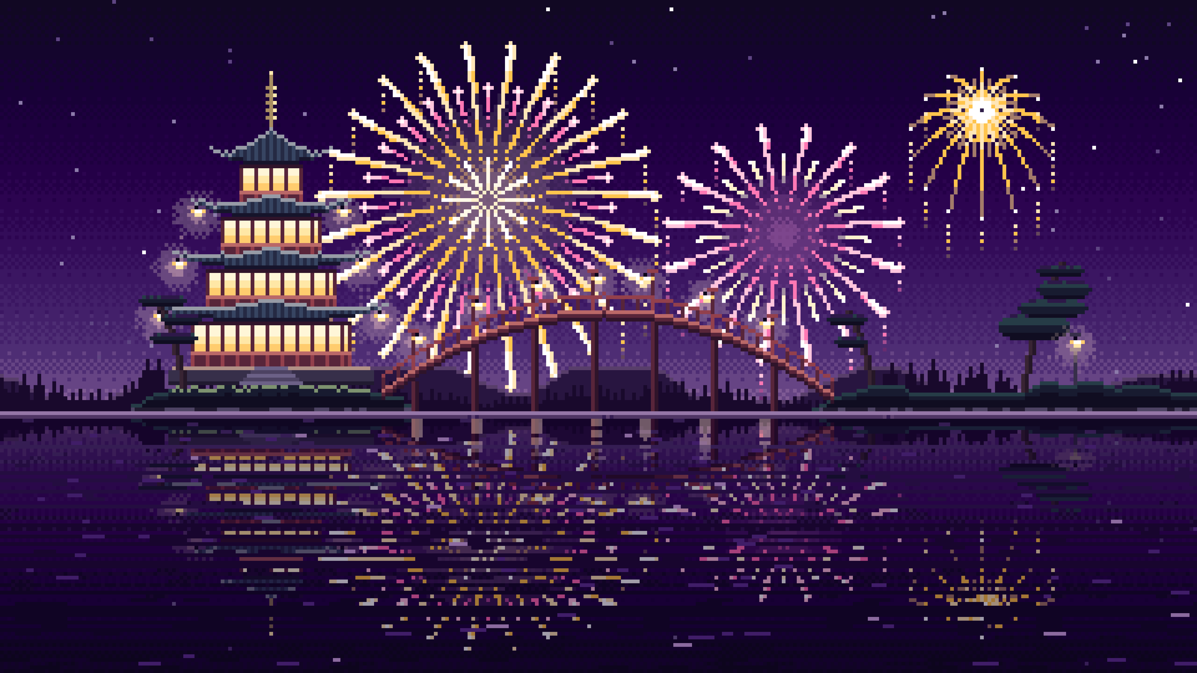 Dark Purple Pixel Art Fireworks Over a Pagoda on a Lake desktop wallpaper in 4K