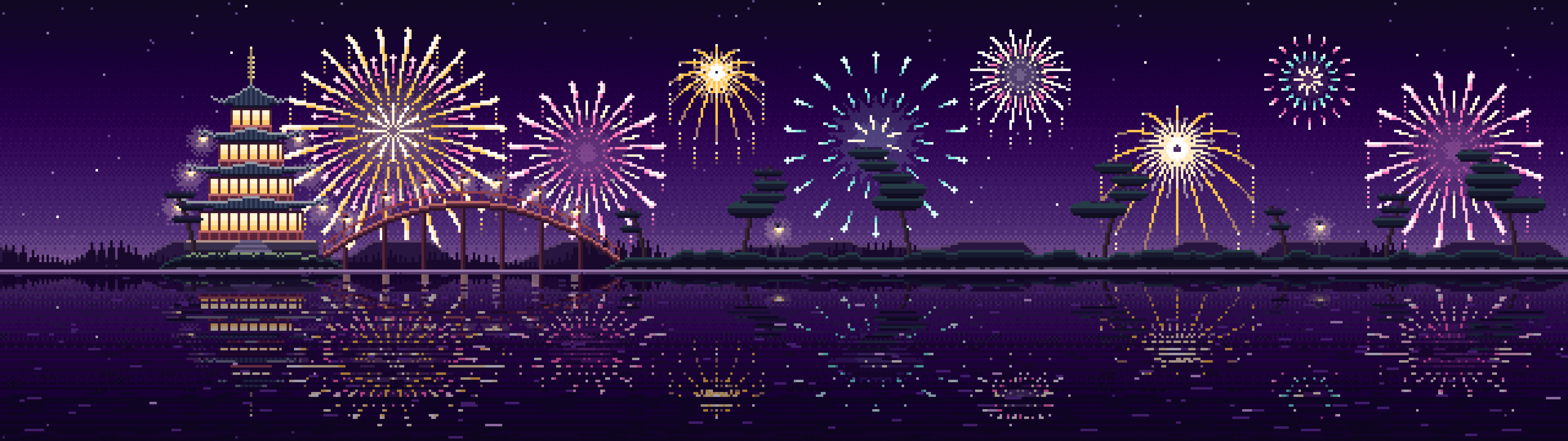 Dark Purple Pixel Art Fireworks Over a Pagoda on a Lake dual monitor wallpaper, 7680 × 2160