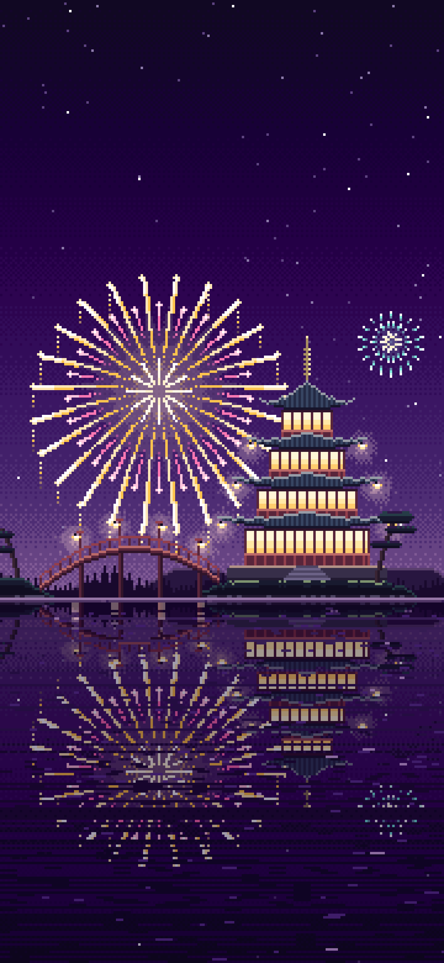 Dark Purple Pixel Art Fireworks Over a Pagoda on a Lake wallpaper for iPhone and Android