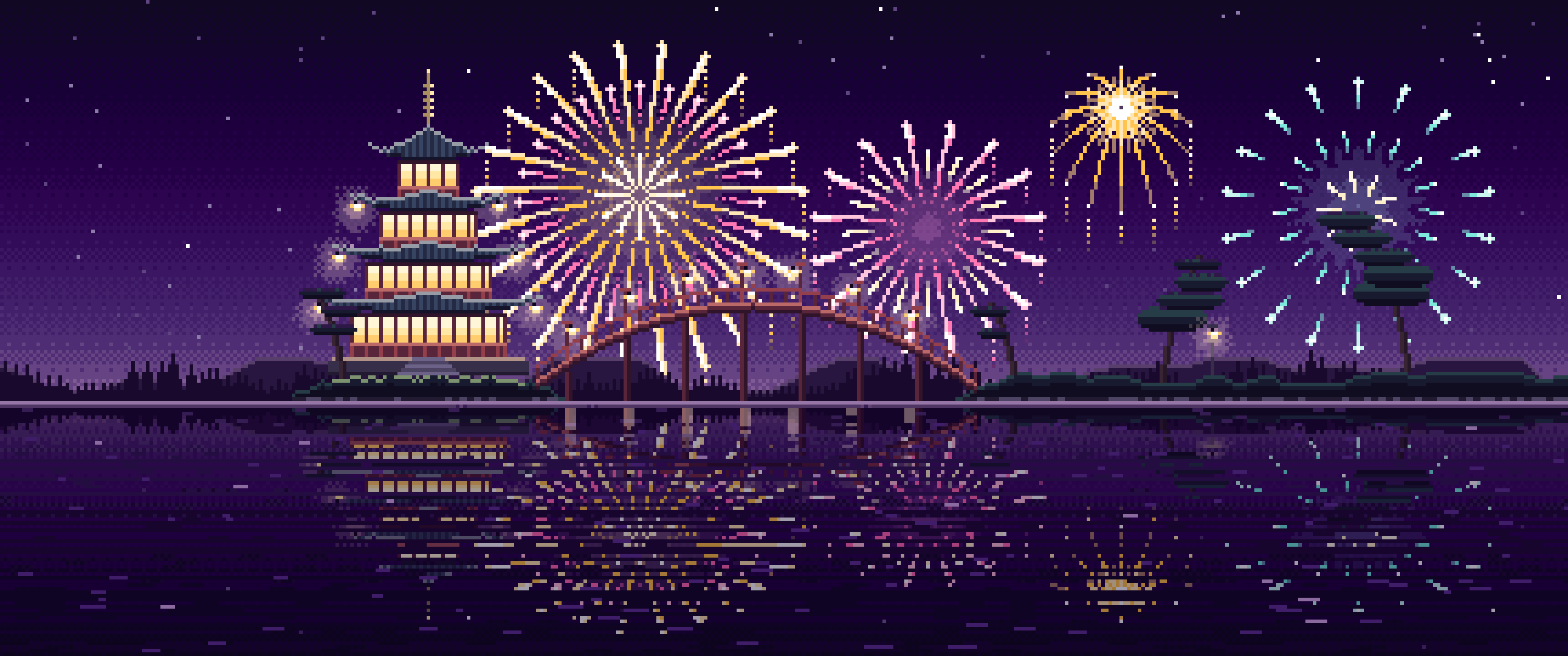 Dark Purple Pixel Art Fireworks Over a Pagoda on a Lake ultrawide wallpaper, 3440 × 1440