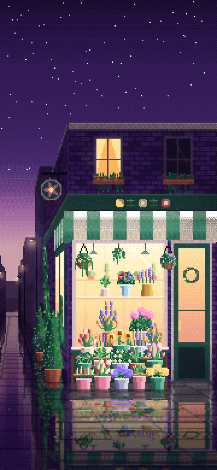 Dark Purple Pixel Art Flower Shop wallpaper for iPhone and Android