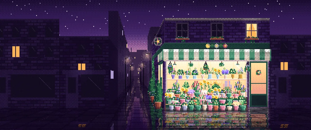 Dark Purple Pixel Art Flower Shop ultrawide wallpaper, 3440 × 1440