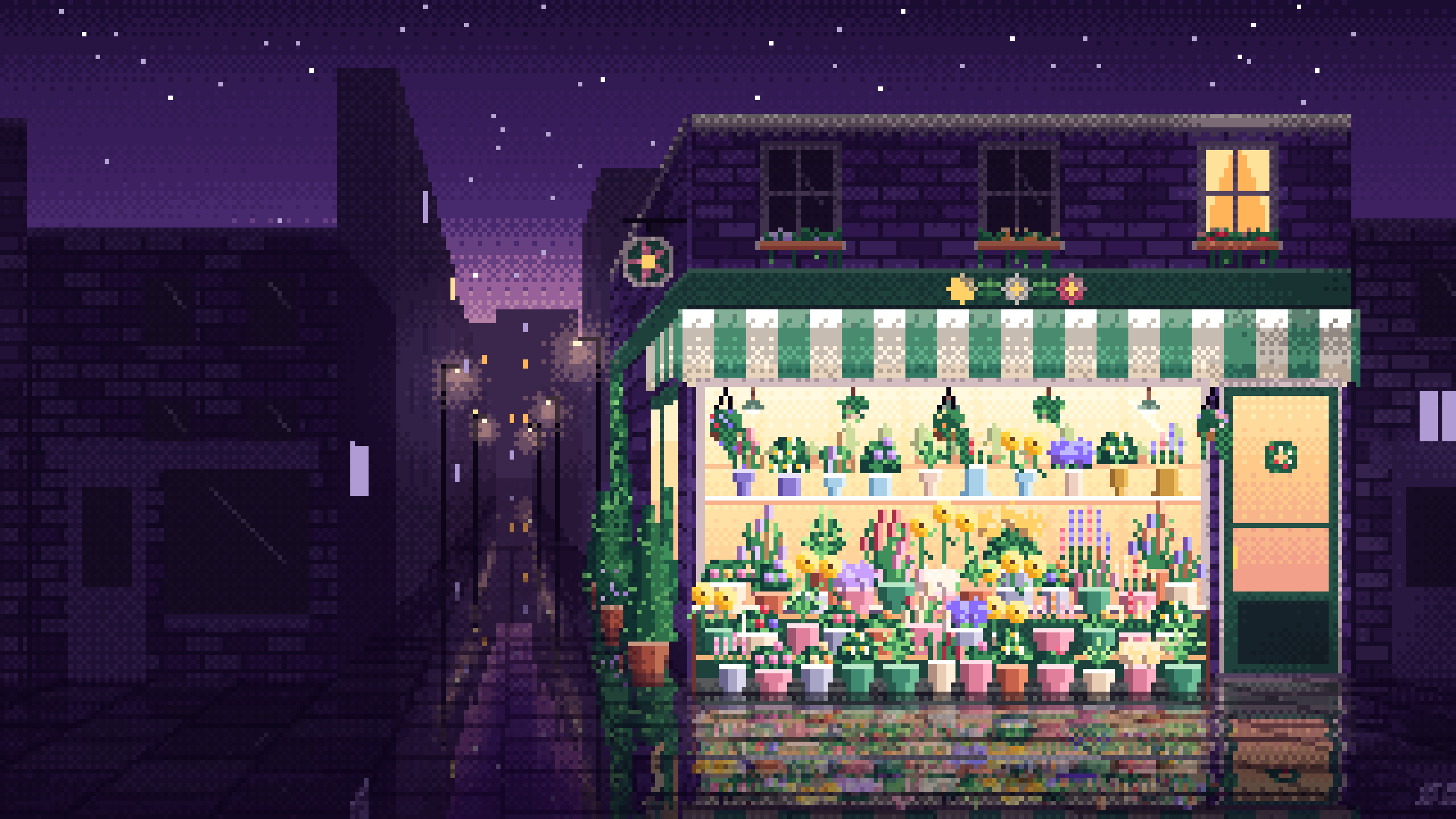 Dark Purple Pixel Art Flower Shop desktop wallpaper in 4K