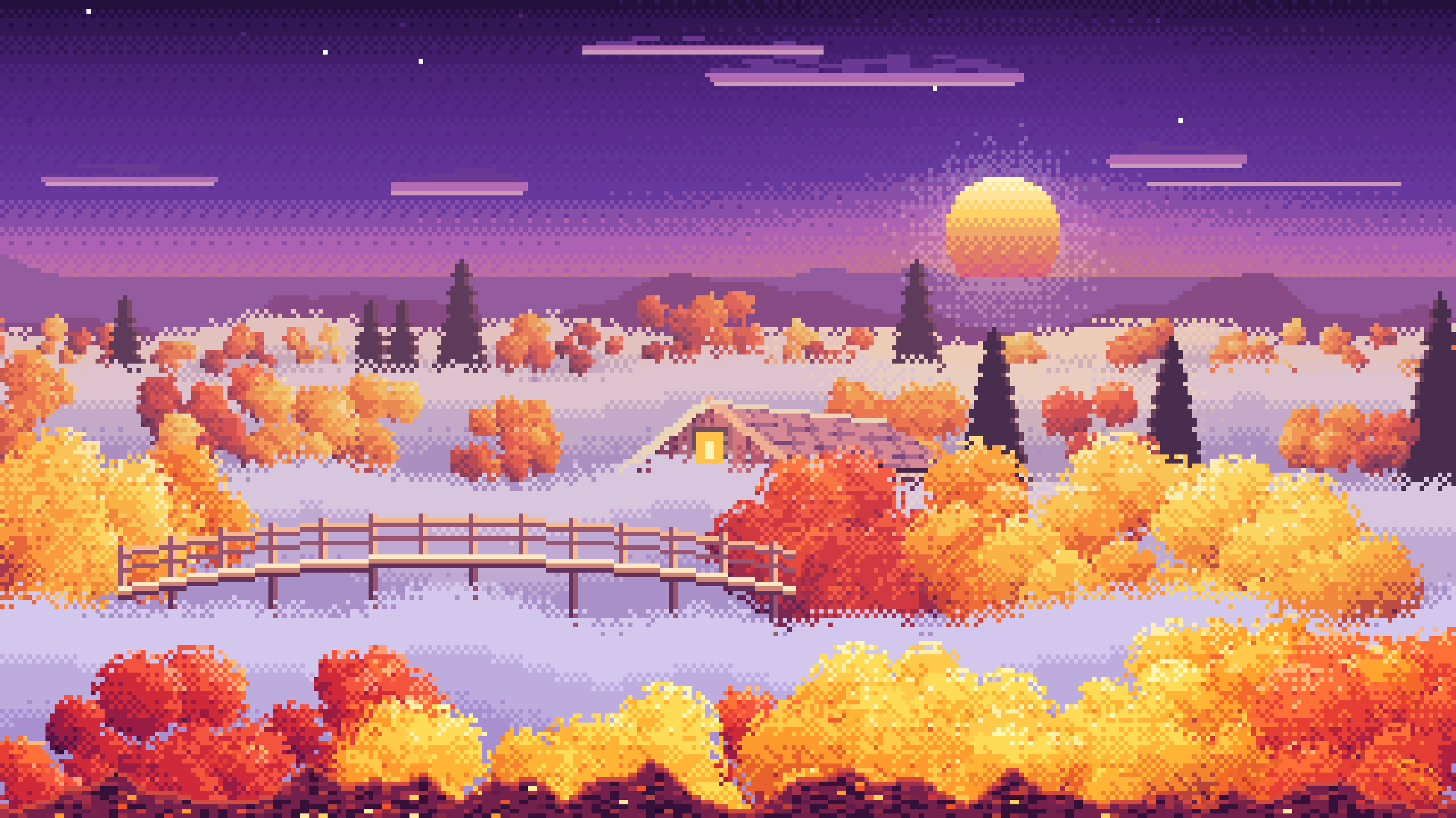 Dark Purple Pixel Art Foggy Fall Valley desktop wallpaper in 4K