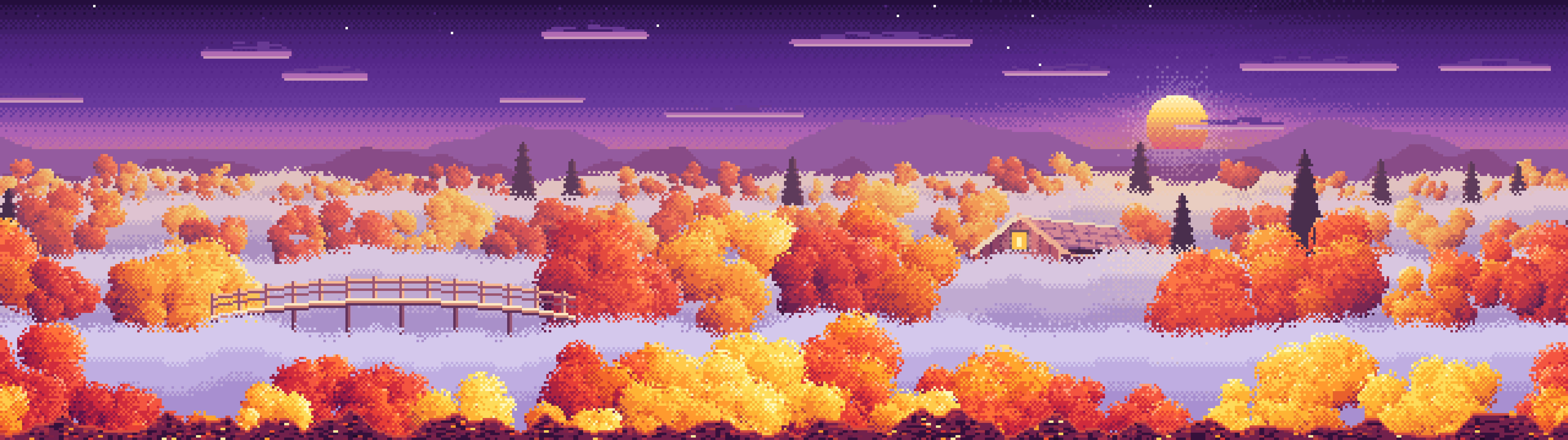Dark Purple Pixel Art Foggy Fall Valley dual monitor wallpaper, 7680 × 2160
