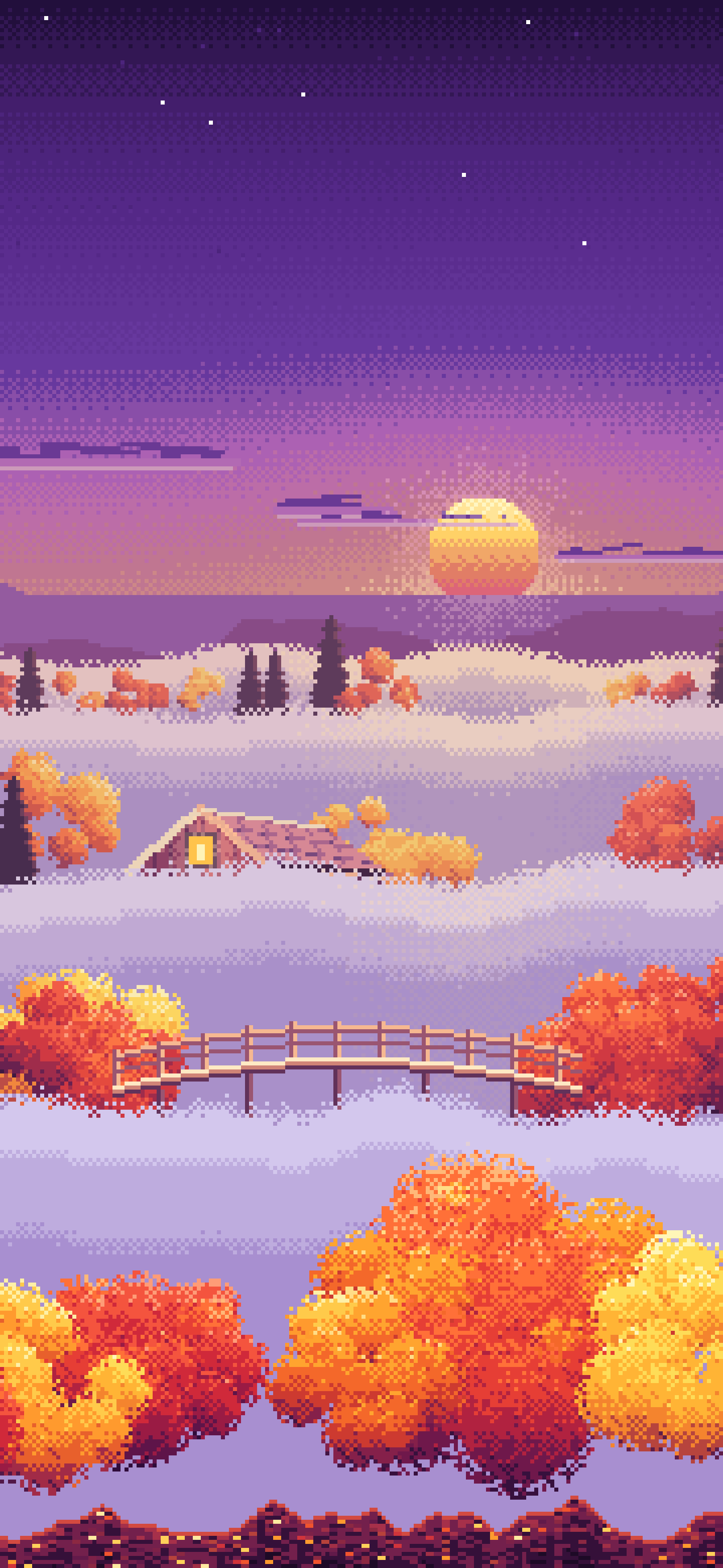 Dark Purple Pixel Art Foggy Fall Valley wallpaper for iPhone and Android