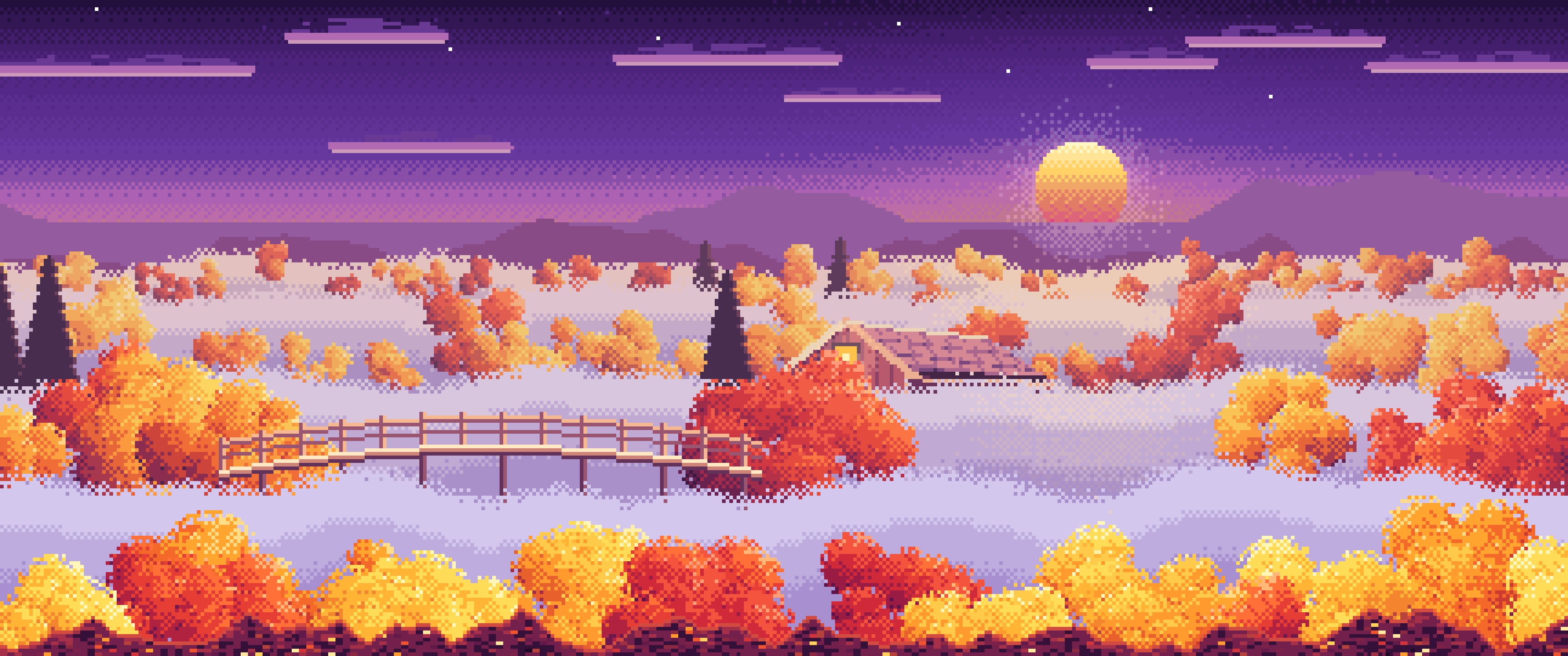 Dark Purple Pixel Art Foggy Fall Valley ultrawide wallpaper, 3440 × 1440